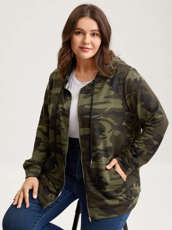 Camouflage Print Stretchy Zipper Hoodie sold by Bloomchic