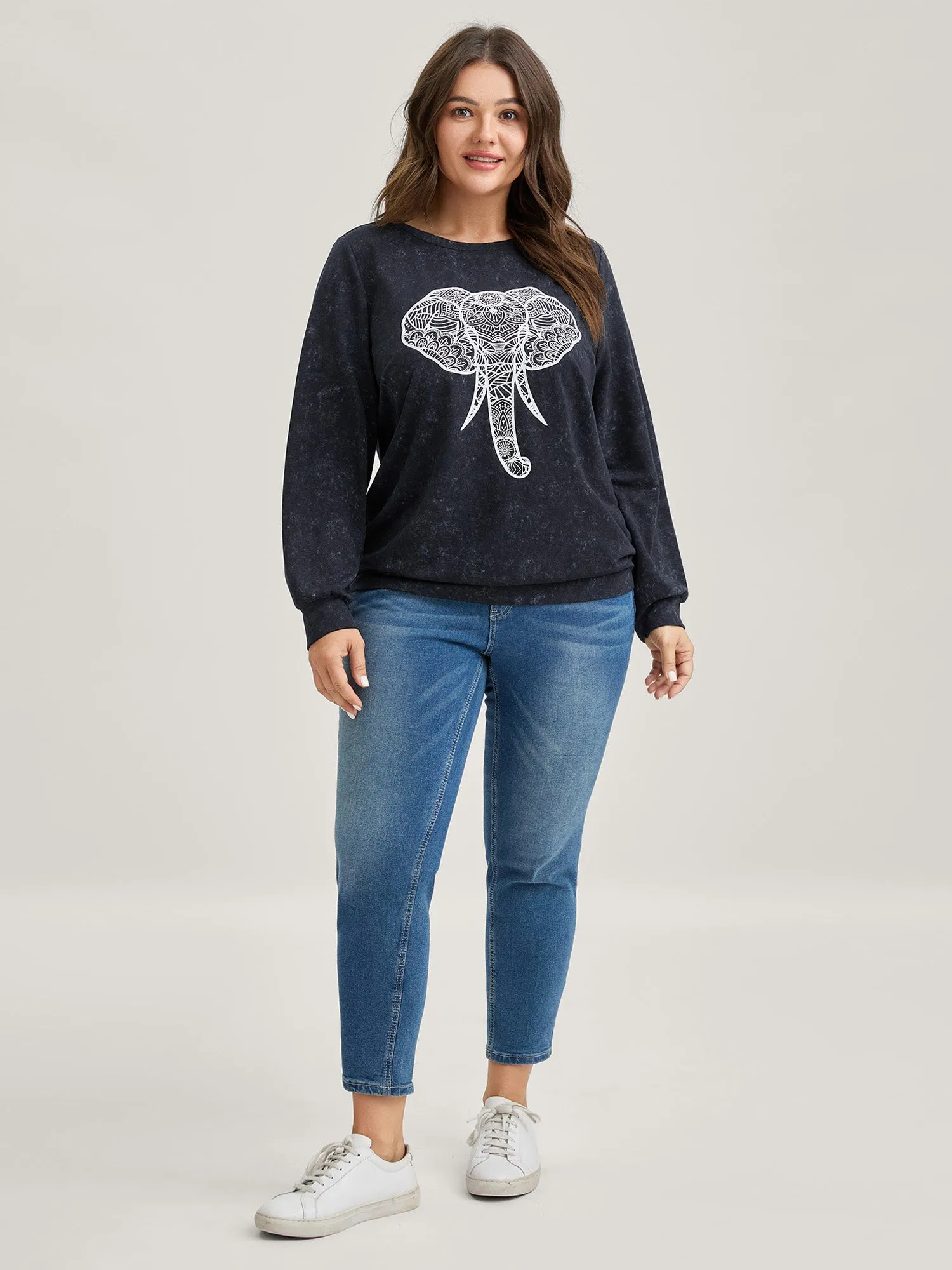 Elephant Motif Crew Neck Sweatshirt sold by Bloomchic product image thumbnail 2