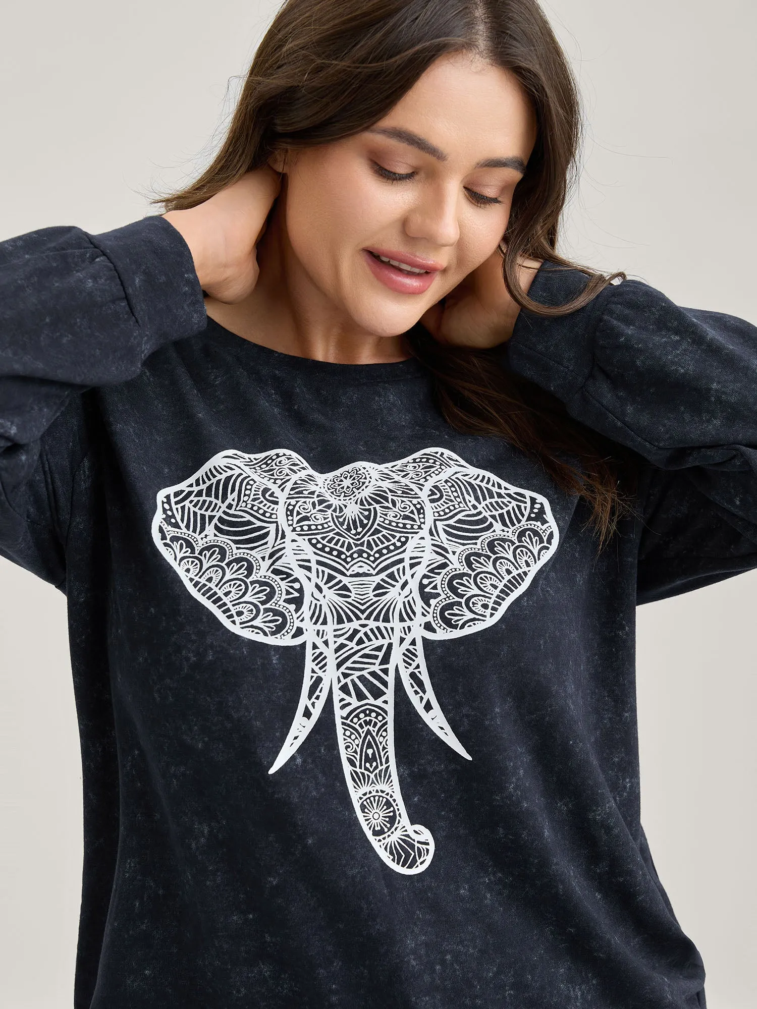 Elephant Motif Crew Neck Sweatshirt sold by Bloomchic