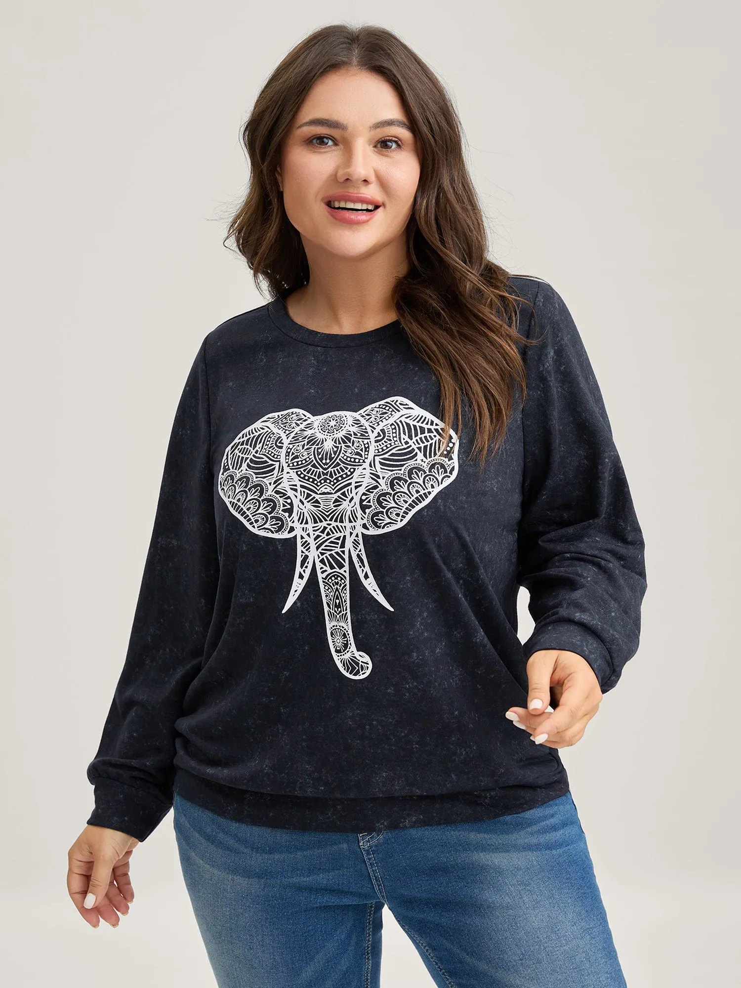 Elephant Motif Crew Neck Sweatshirt sold by Bloomchic product image thumbnail 3