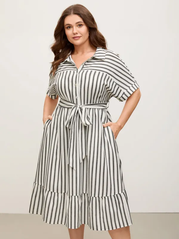 Striped Belted Cinched Button Placket Midi Dress sold by Bloomchic