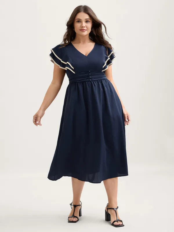 Color Contrast Pleated Cinched Waist Midi Dress sold by Bloomchic