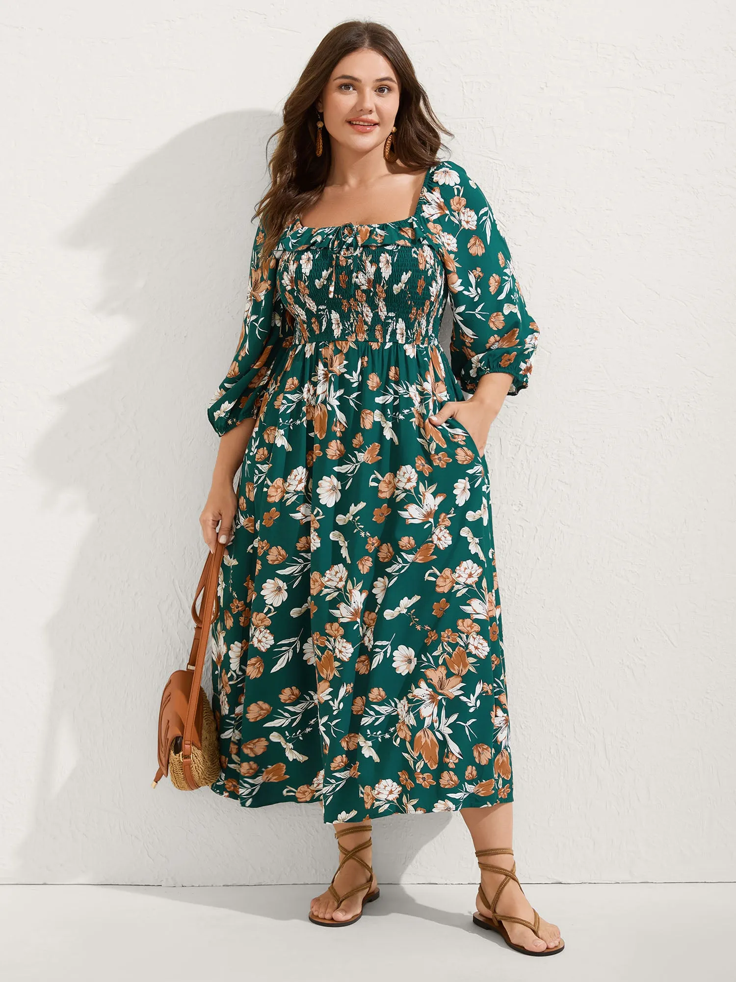 Rayon Floral Shirred Stretchy Waist Midi Dress sold by Bloomchic product image thumbnail 3