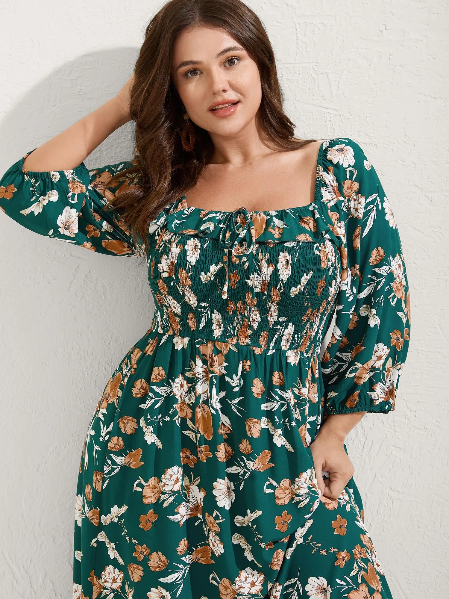 Rayon Floral Shirred Stretchy Waist Midi Dress sold by Bloomchic
