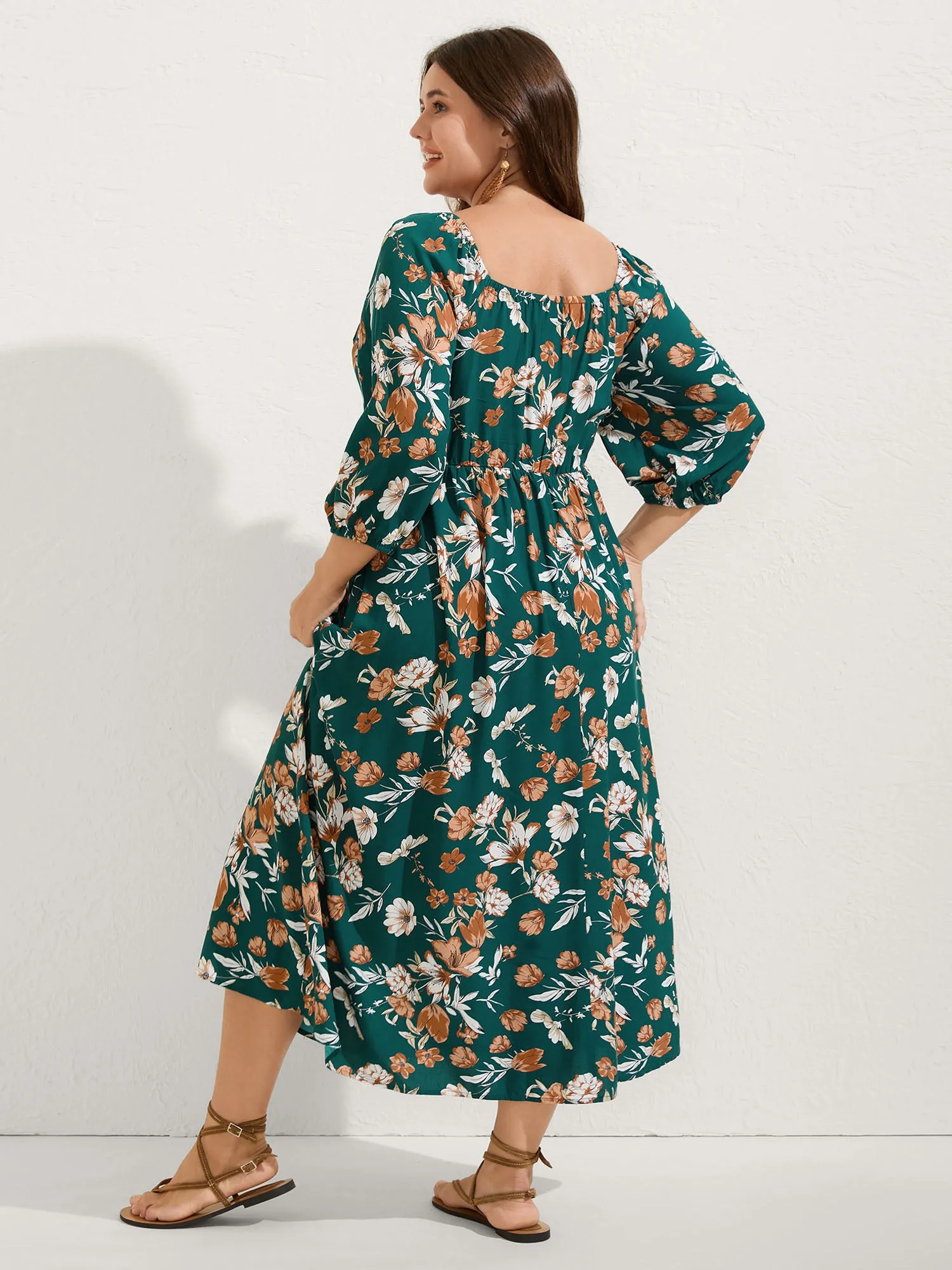 Rayon Floral Shirred Stretchy Waist Midi Dress sold by Bloomchic product image thumbnail 4