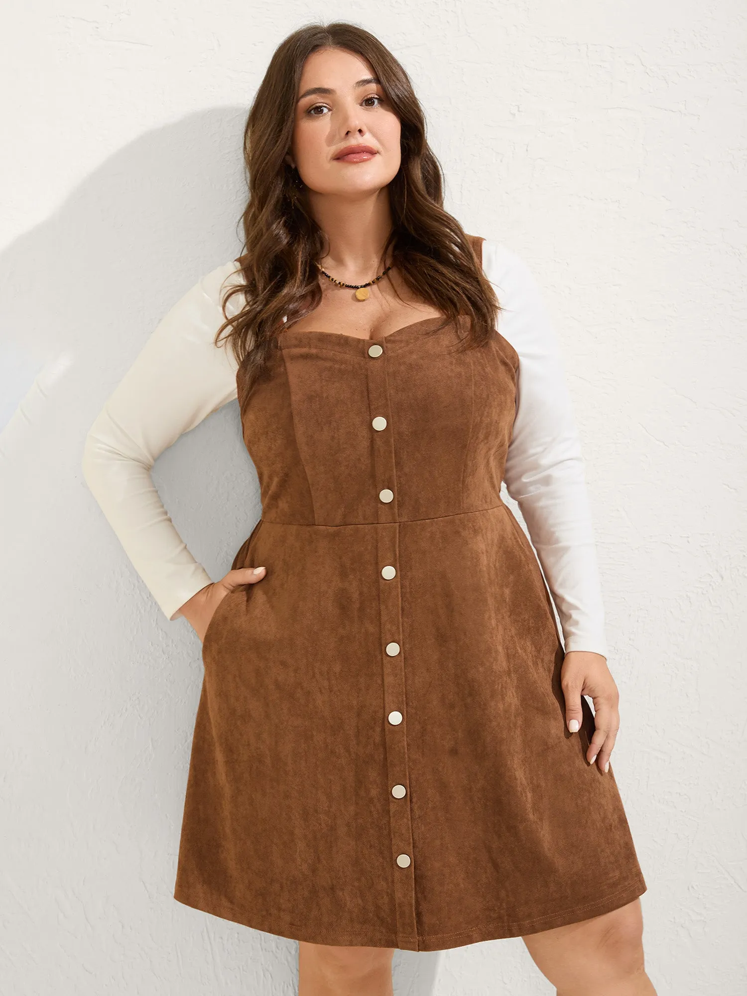 Suede Button Placket Sweetheart Mini Dress sold by Bloomchic product image thumbnail 3