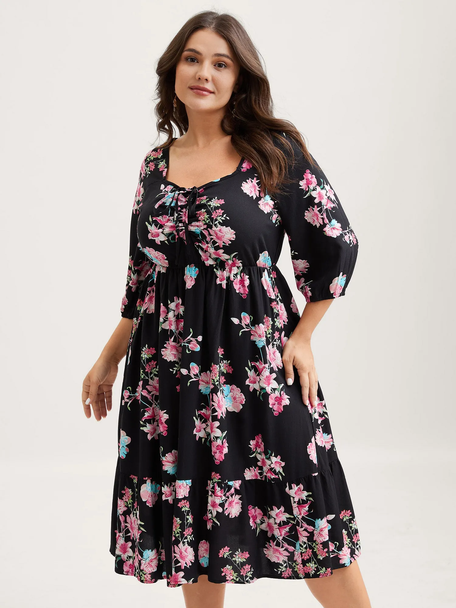 Floral Adjustable Bust Drawstring Midi Dress sold by Bloomchic