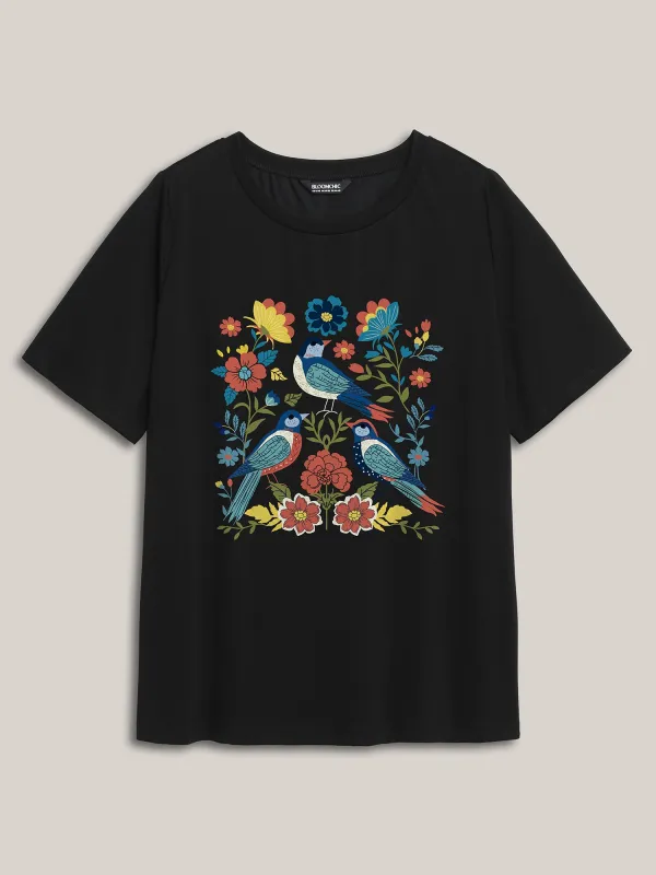 Little Birdie Print Round Neck T-Shirt sold by Bloomchic