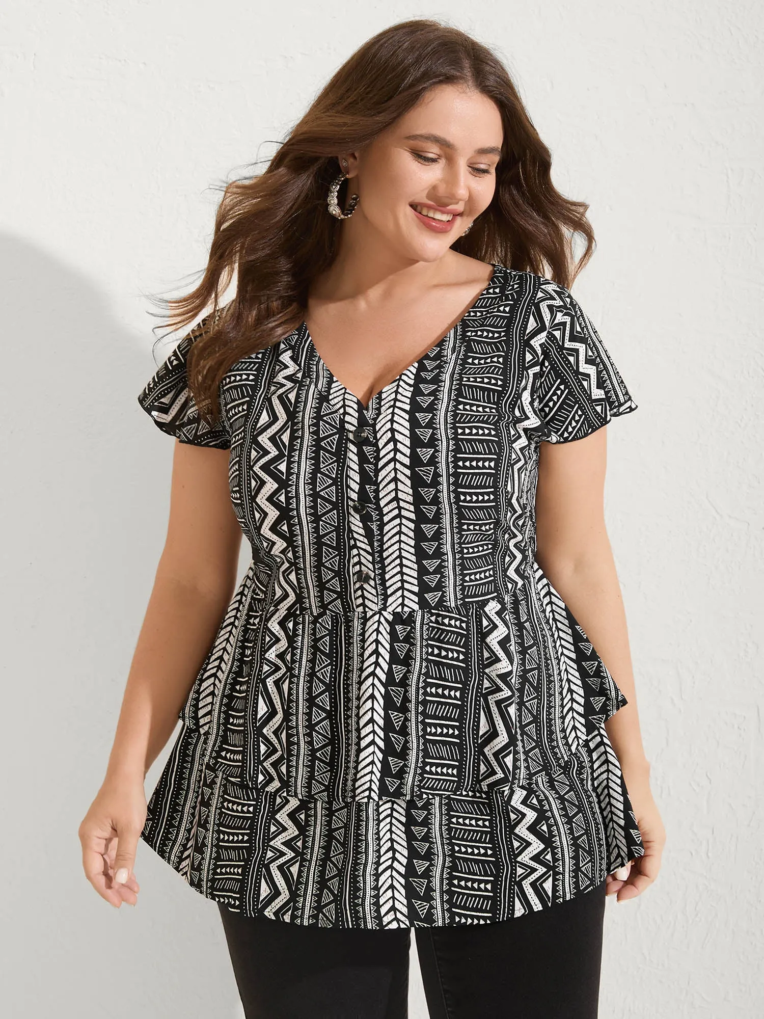 Geometric Print Button Layered Blouse sold by Bloomchic