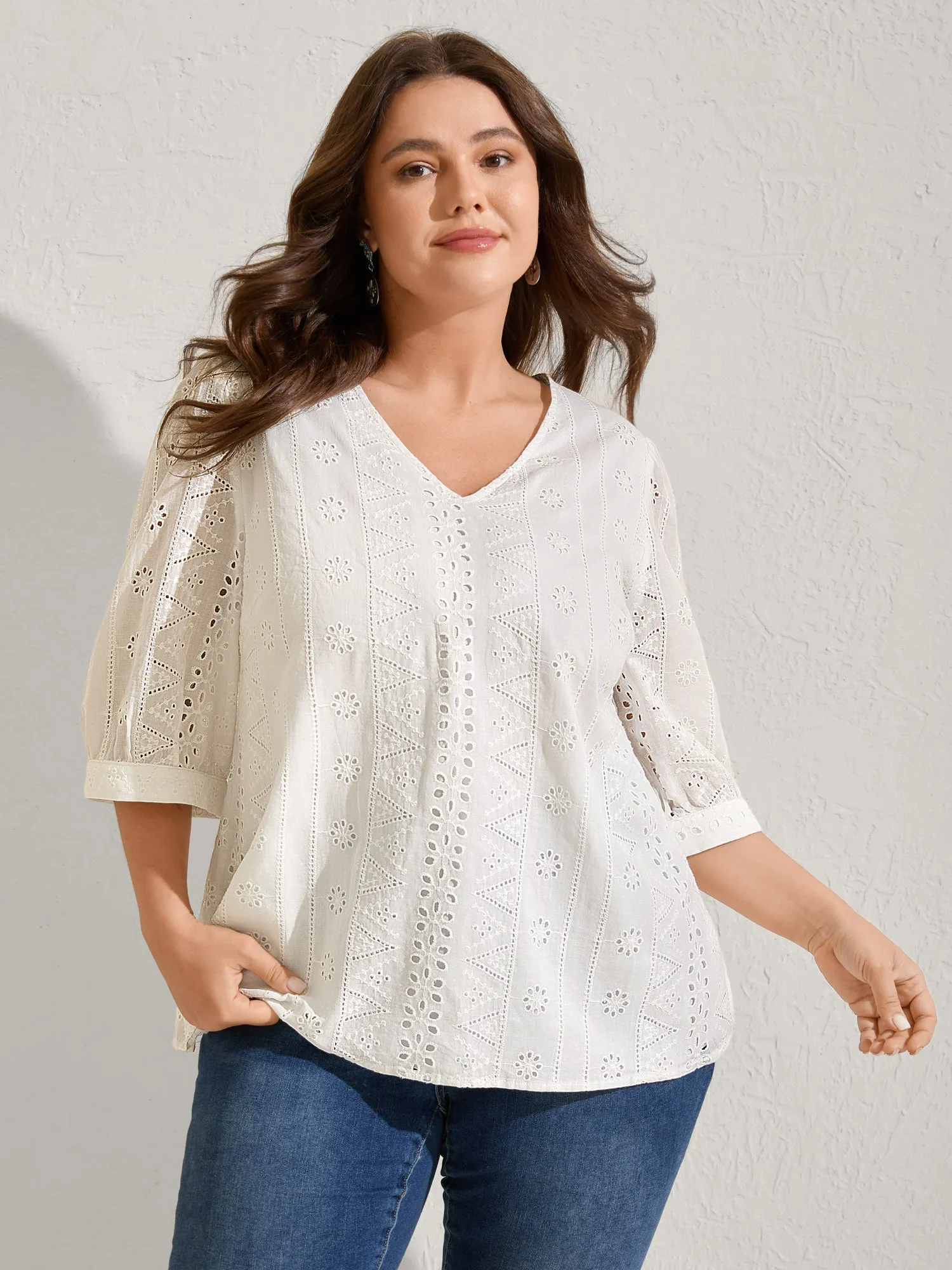 Cotton Eyelet Embroidery V-Neck Blouse sold by Bloomchic
