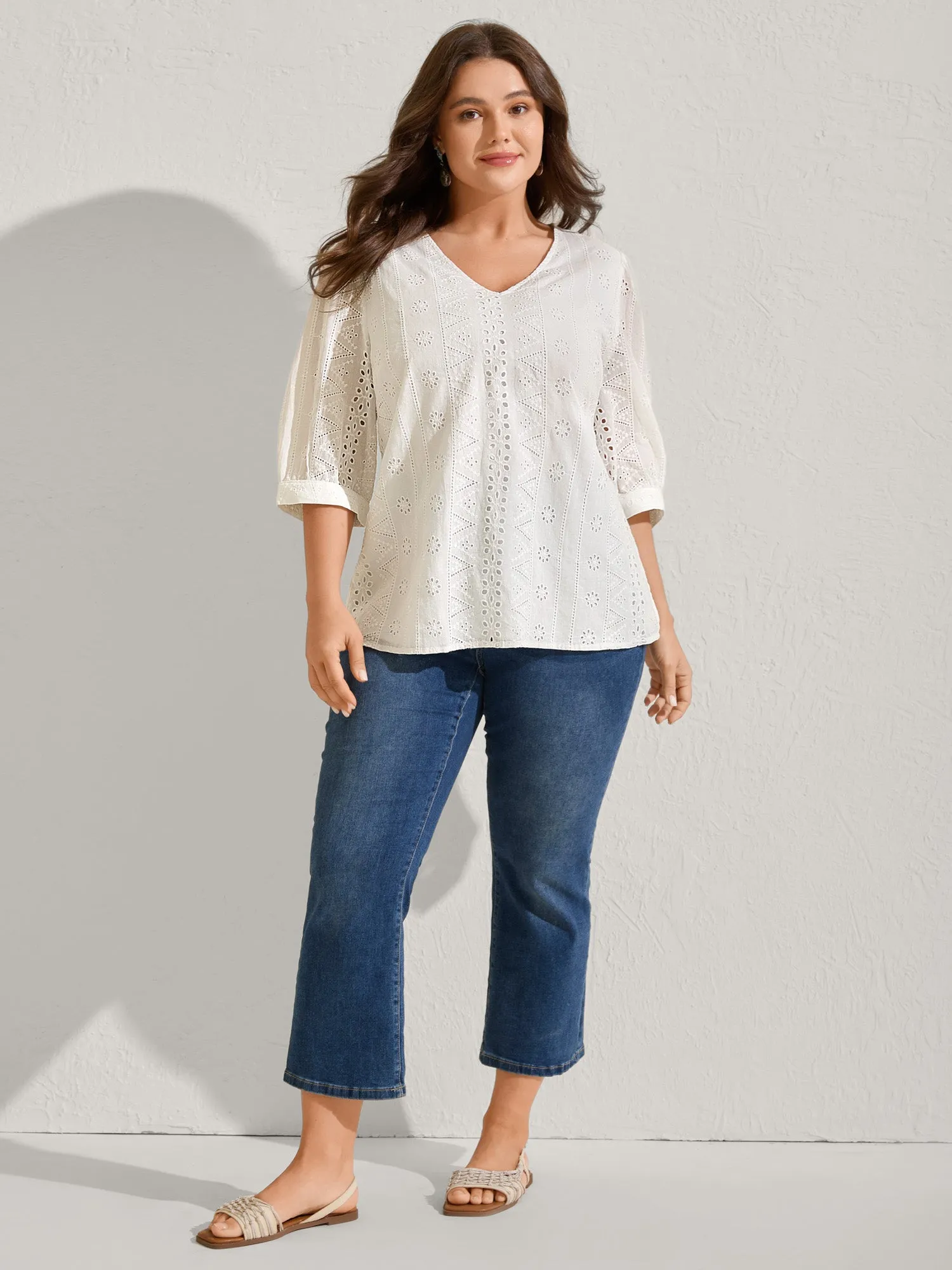 Cotton Eyelet Embroidery V-Neck Blouse sold by Bloomchic product image thumbnail 3