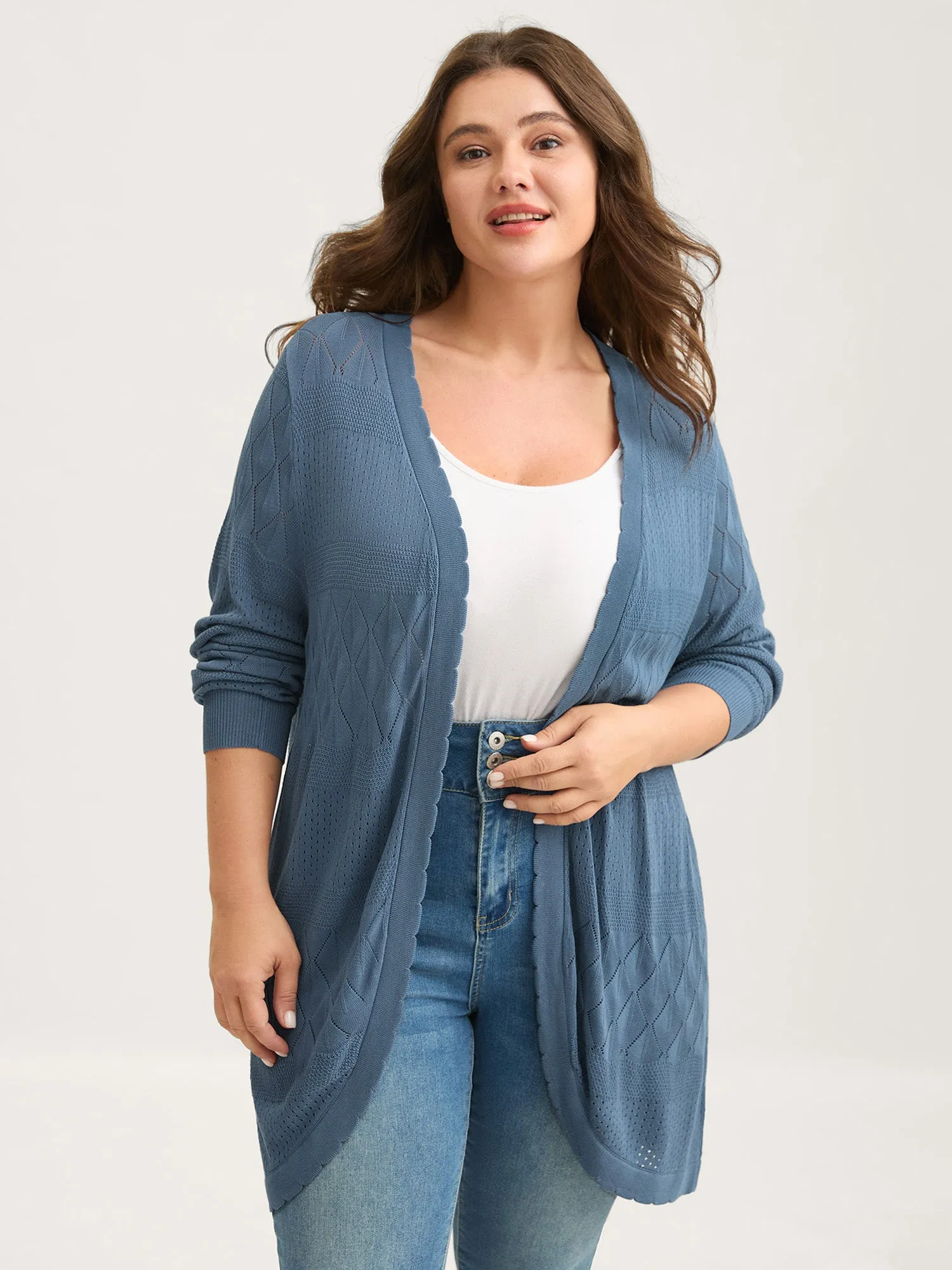 Textured Arc Hem Front-Open Lightweight Cardigan sold by Bloomchic