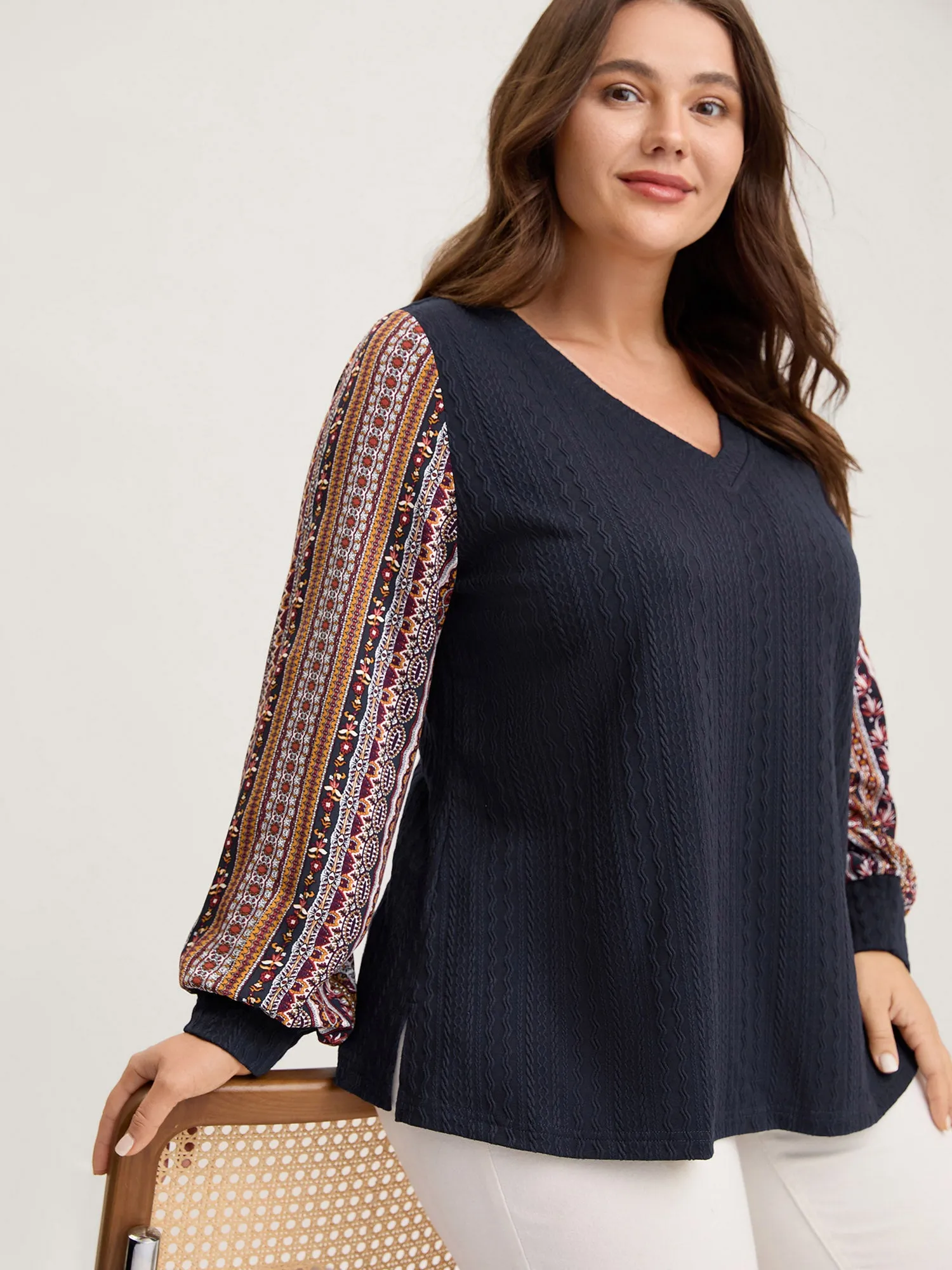 Textured Striped Sleeve Contrast Sweatshirt sold by Bloomchic