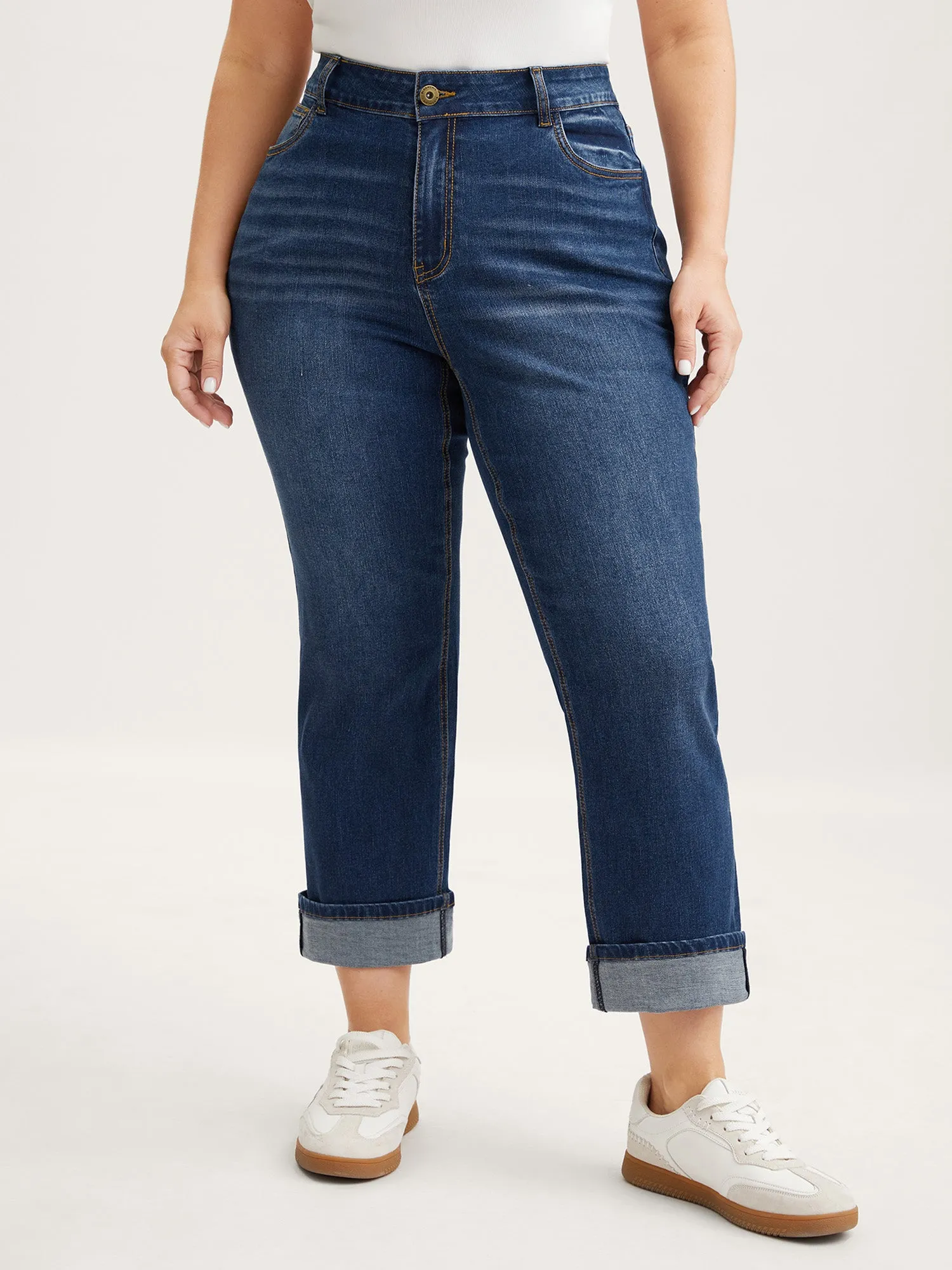 Stretch Rolled Hem Straight-Leg Jeans sold by Bloomchic