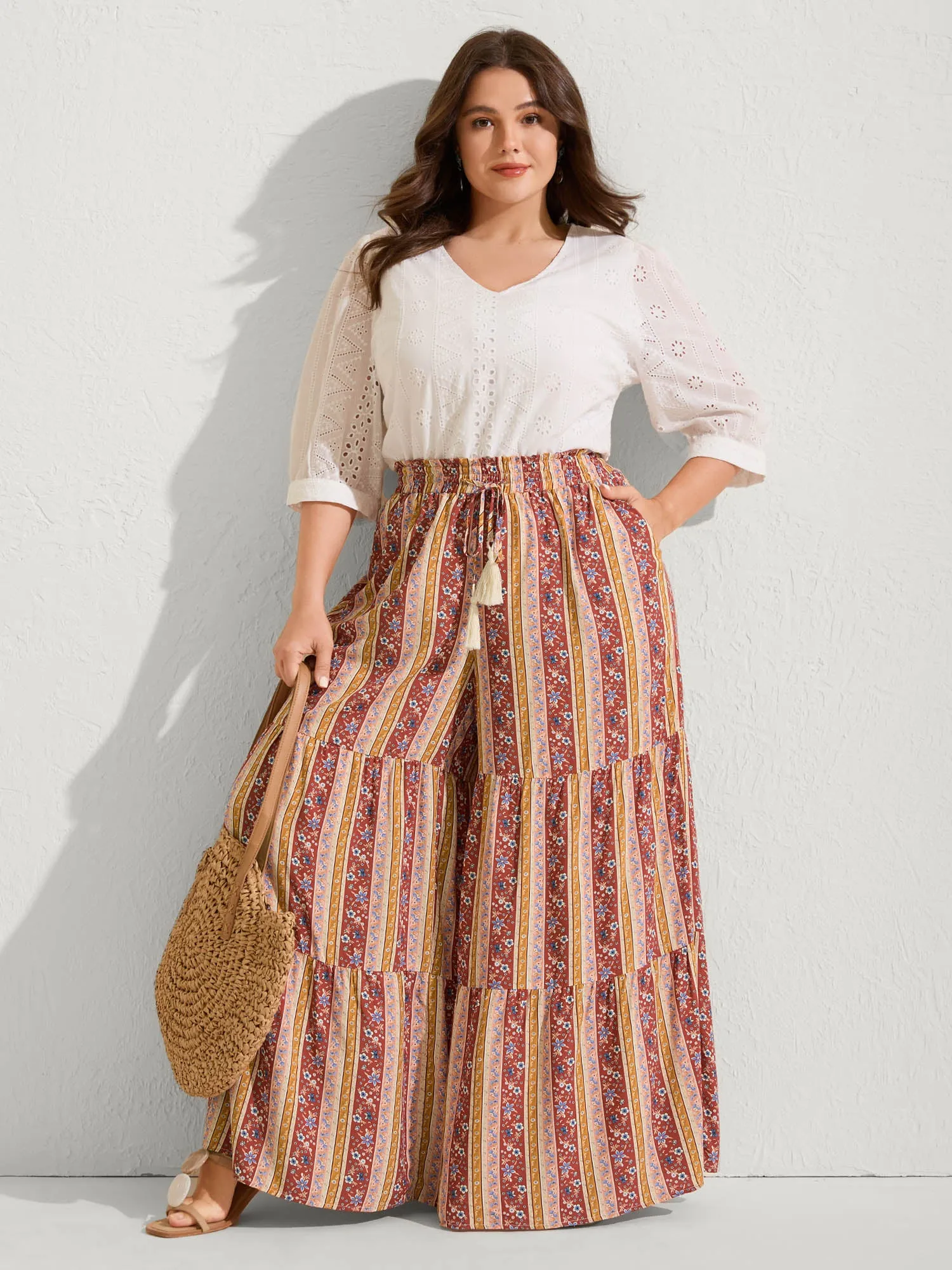 Floral Stripes Shirred Waist Wide-Leg Pants sold by Bloomchic