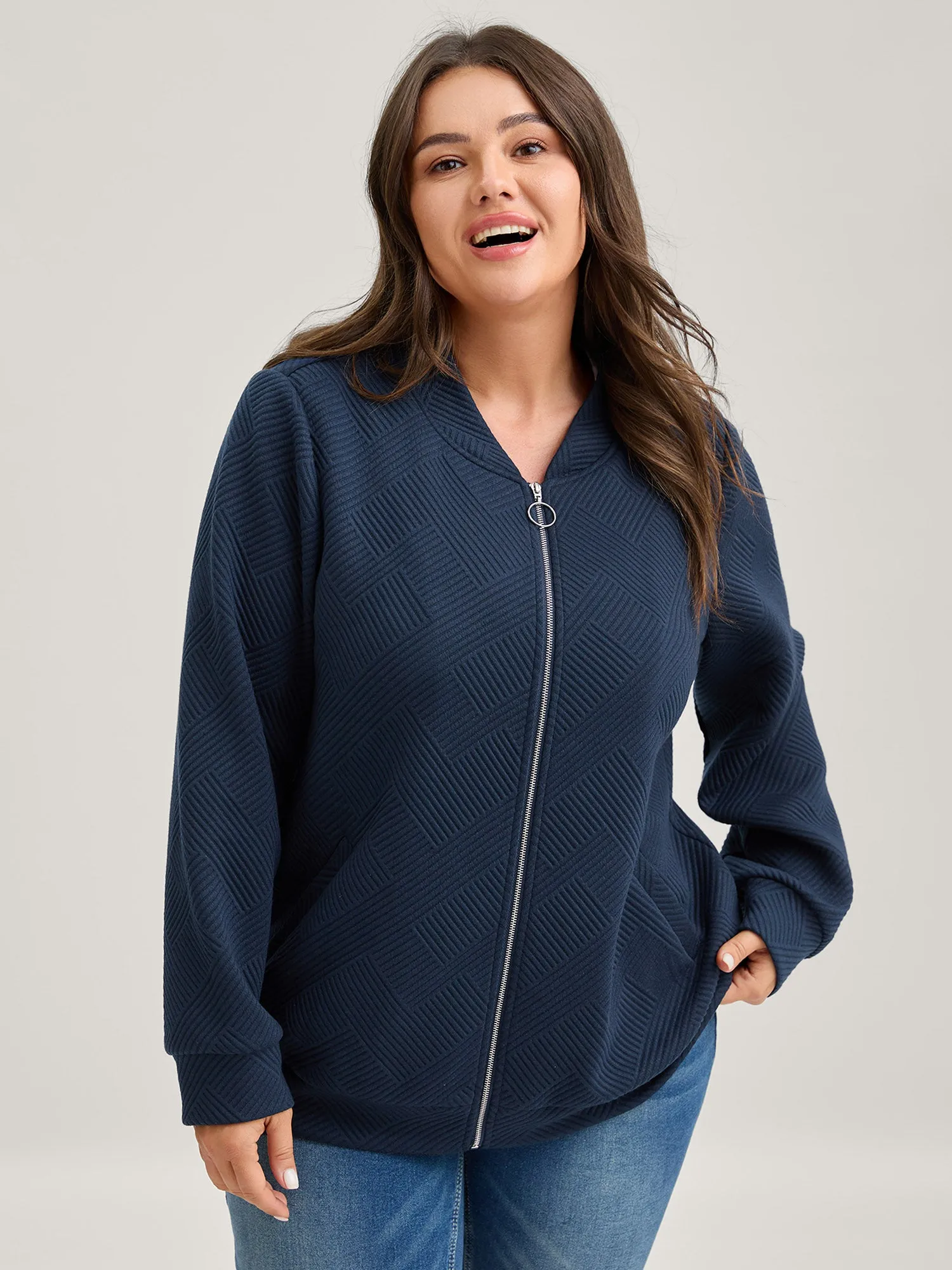 Textured Solid Pockets Zipper Jacket sold by Bloomchic