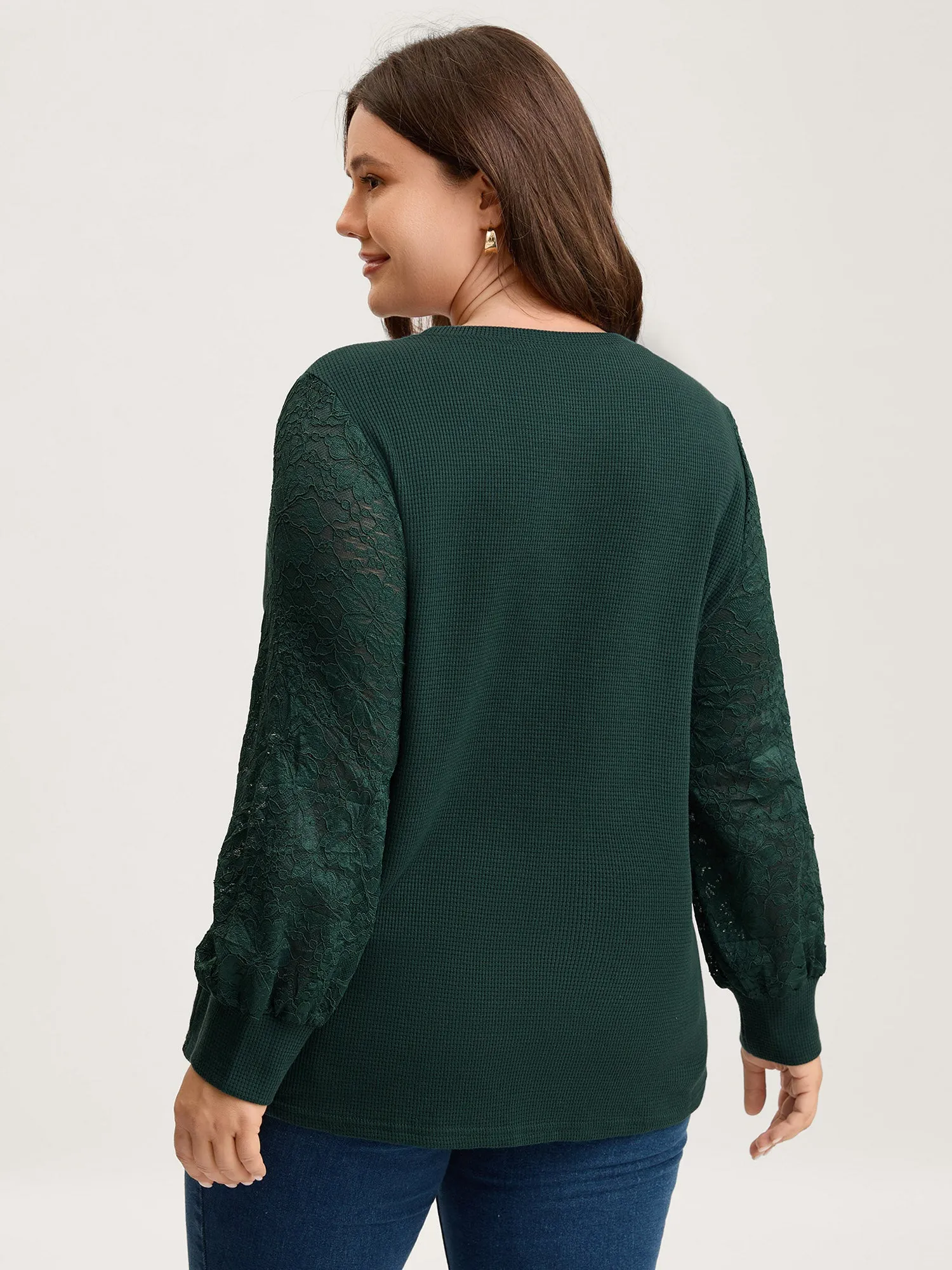 Textured Lace Cut-Out Curvy Hem Sweatshirt sold by Bloomchic product image thumbnail 4