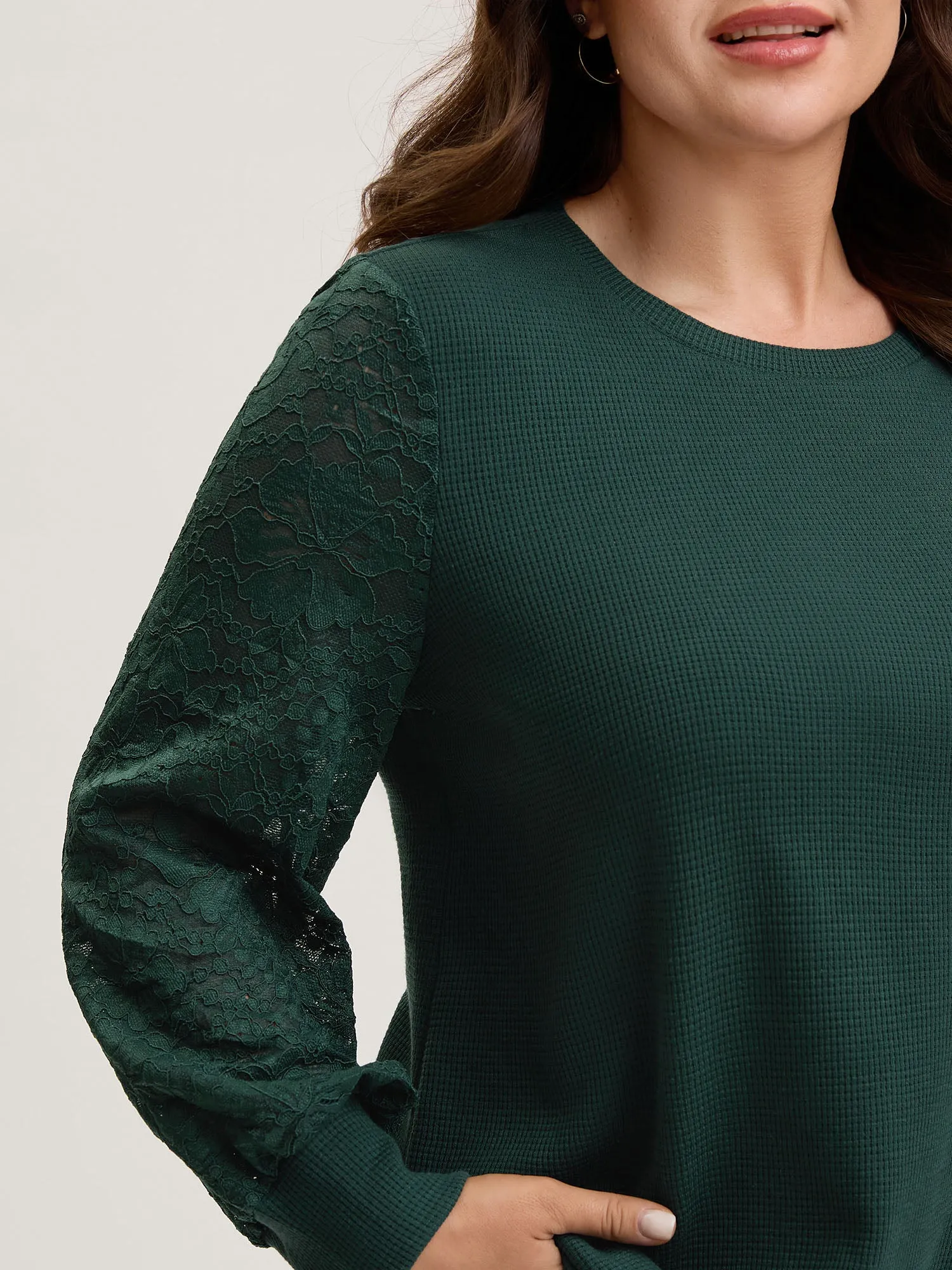 Textured Lace Cut-Out Curvy Hem Sweatshirt sold by Bloomchic product image thumbnail 2