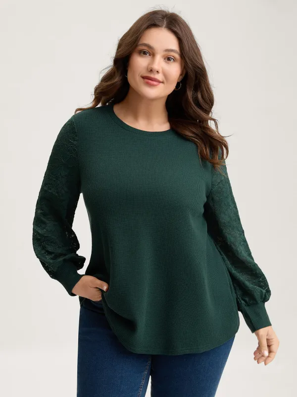 Textured Lace Cut-Out Curvy Hem Sweatshirt sold by Bloomchic
