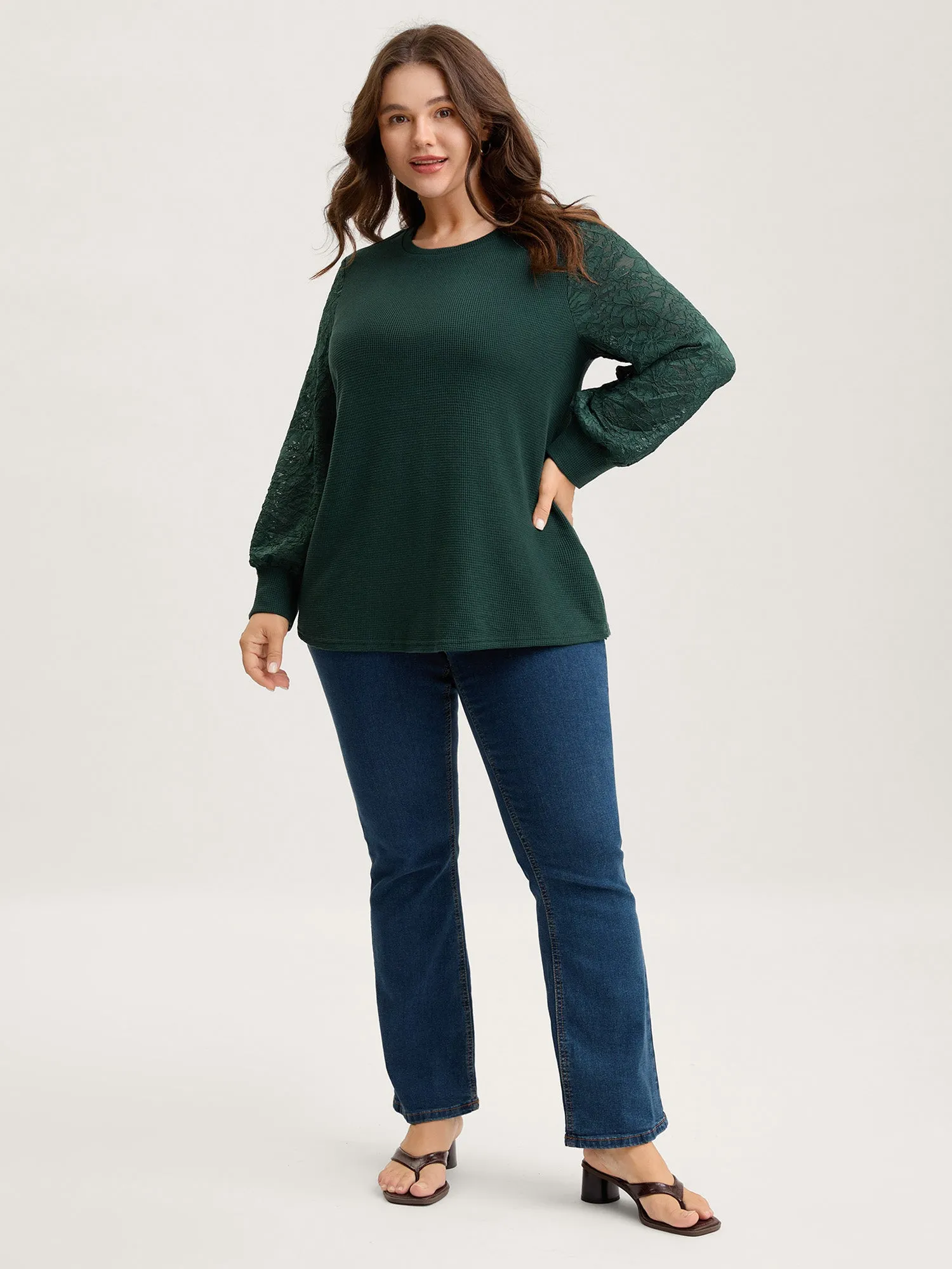 Textured Lace Cut-Out Curvy Hem Sweatshirt sold by Bloomchic product image thumbnail 3