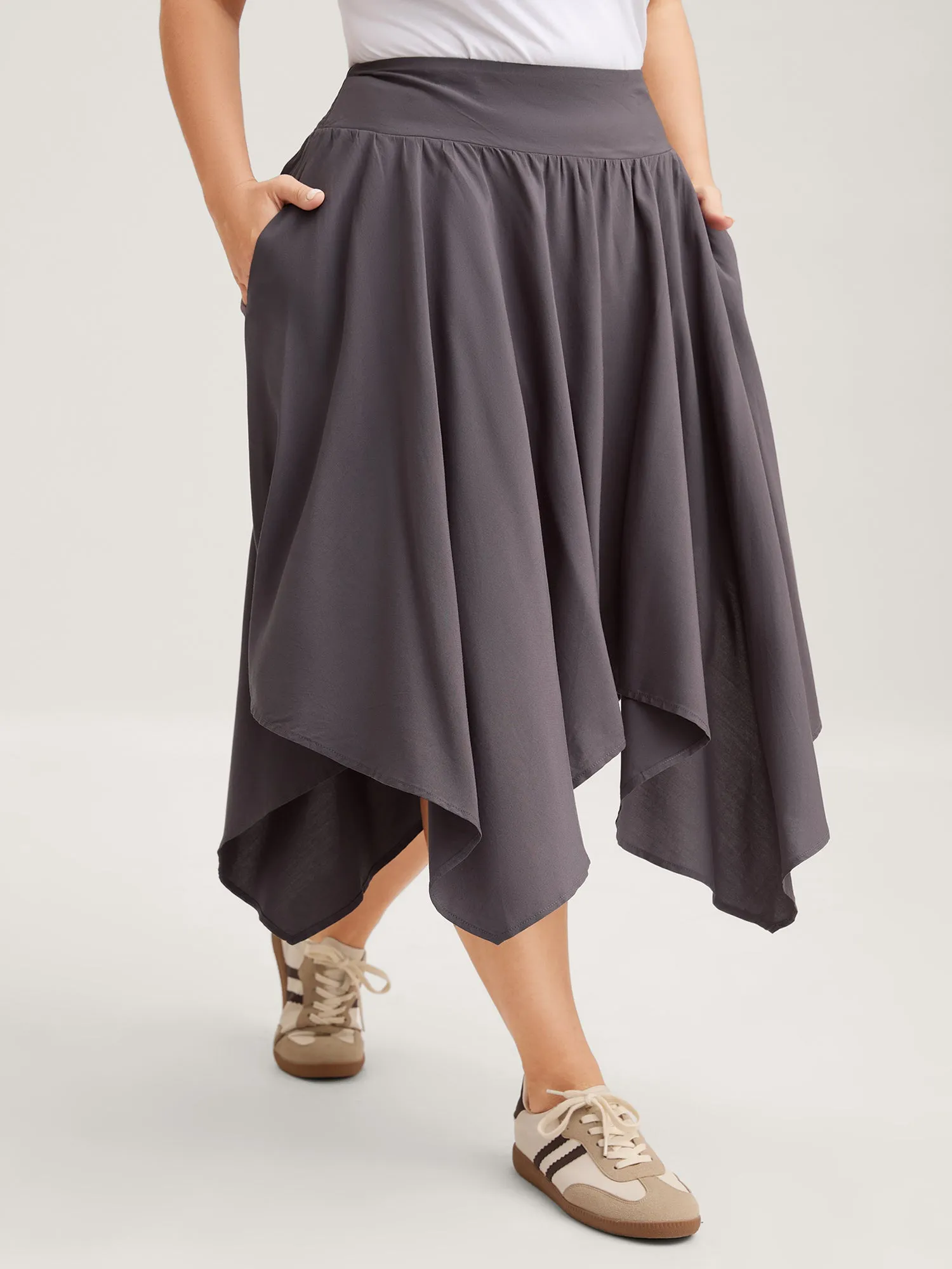 High-Low Hem Wide Waistband Midi Skirt sold by Bloomchic