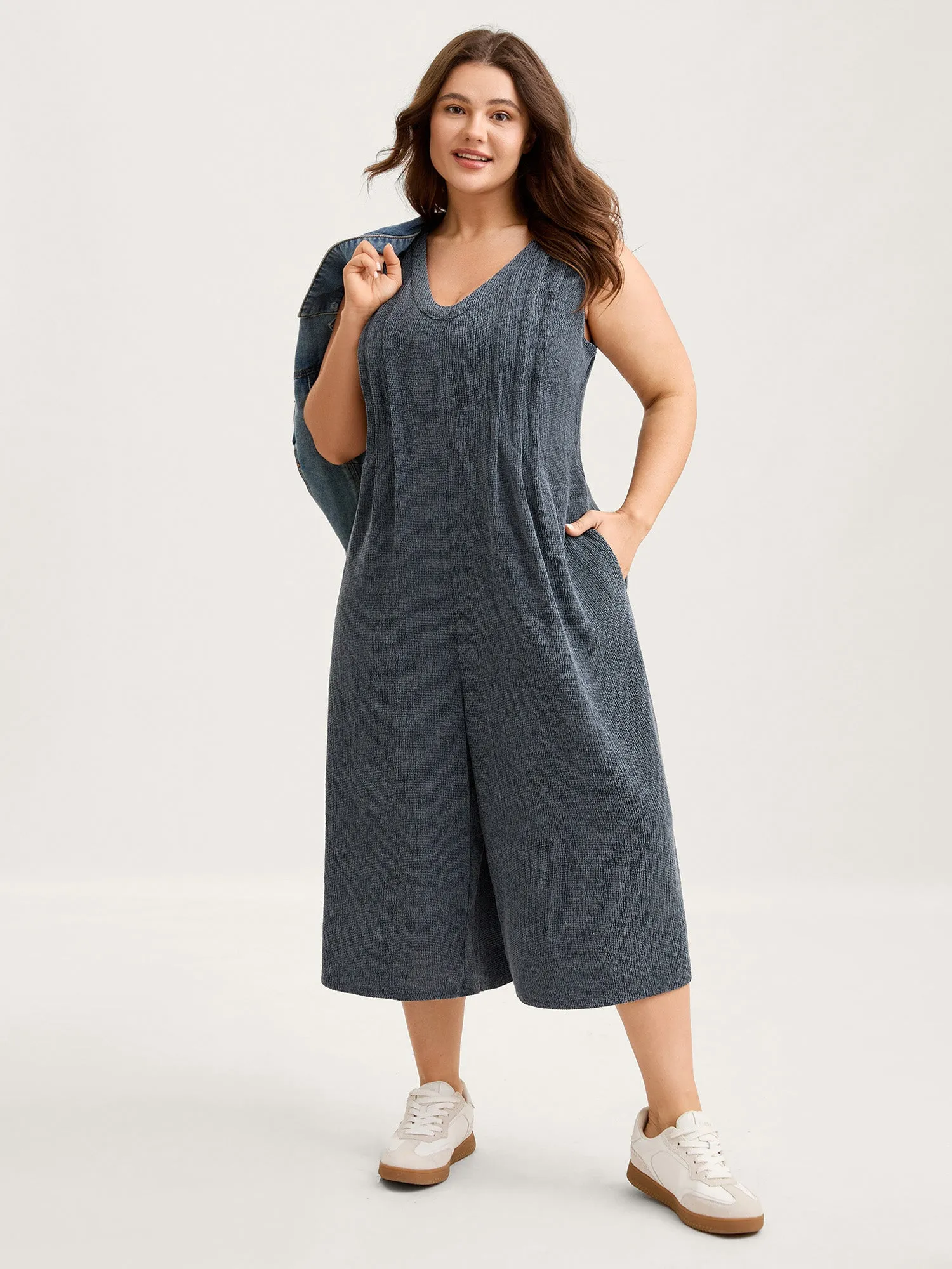 Stretchy Textured Pleated Wide-Leg Jumpsuit sold by Bloomchic