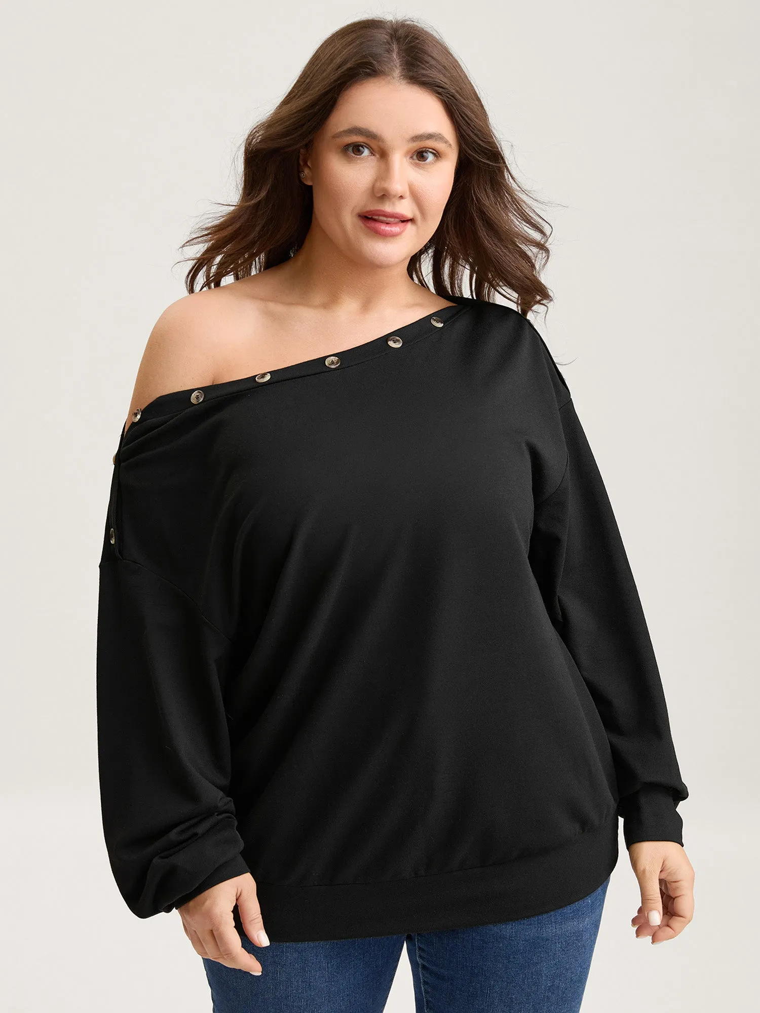 Reversible Off-Shoulder Button Neck Sweatshirt sold by Bloomchic product image thumbnail 2