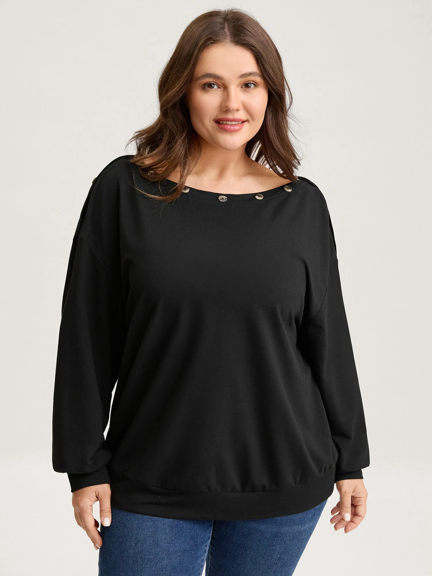 Reversible Off-Shoulder Button Neck Sweatshirt sold by Bloomchic product image thumbnail 4