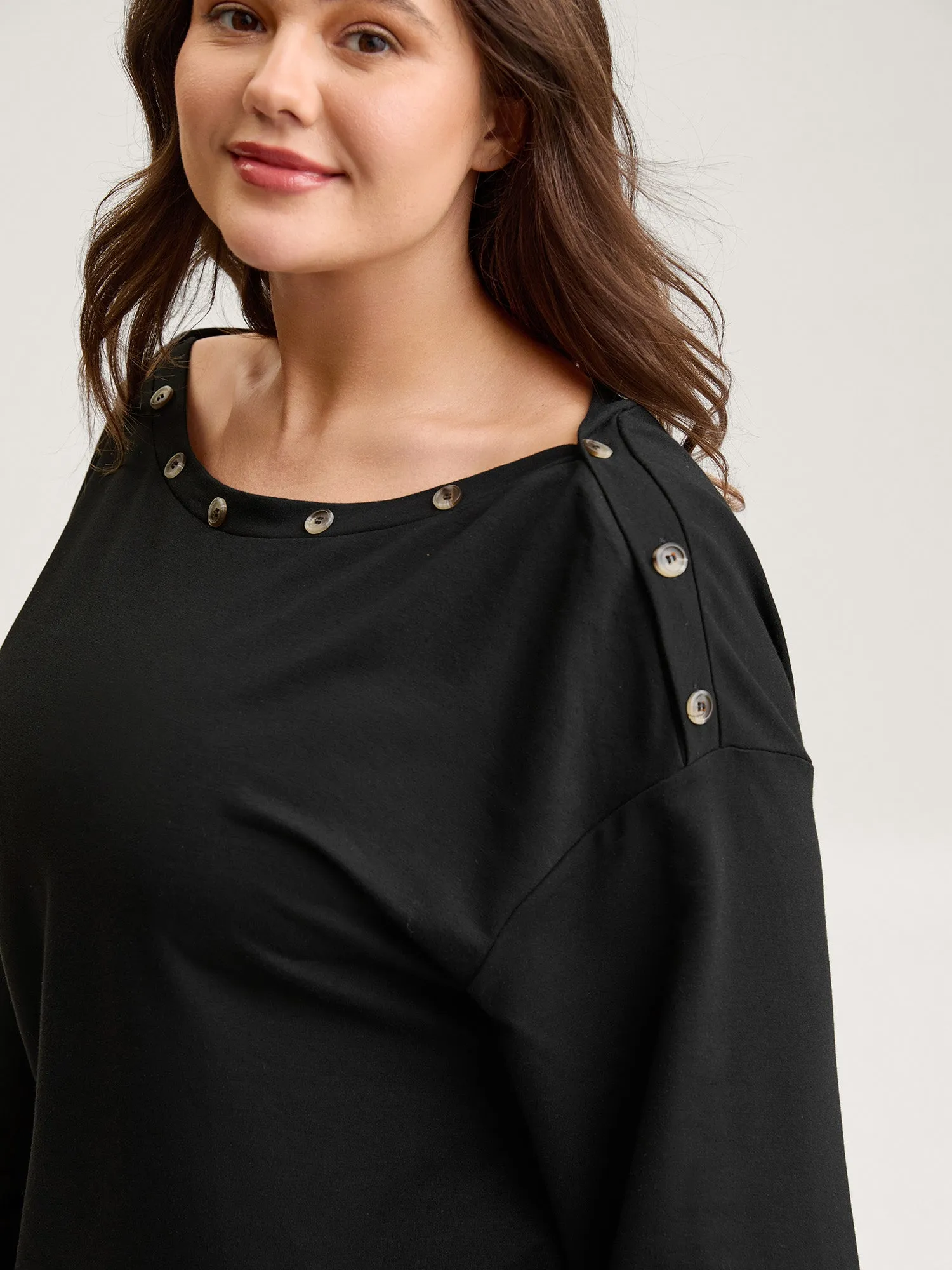 Reversible Off-Shoulder Button Neck Sweatshirt sold by Bloomchic