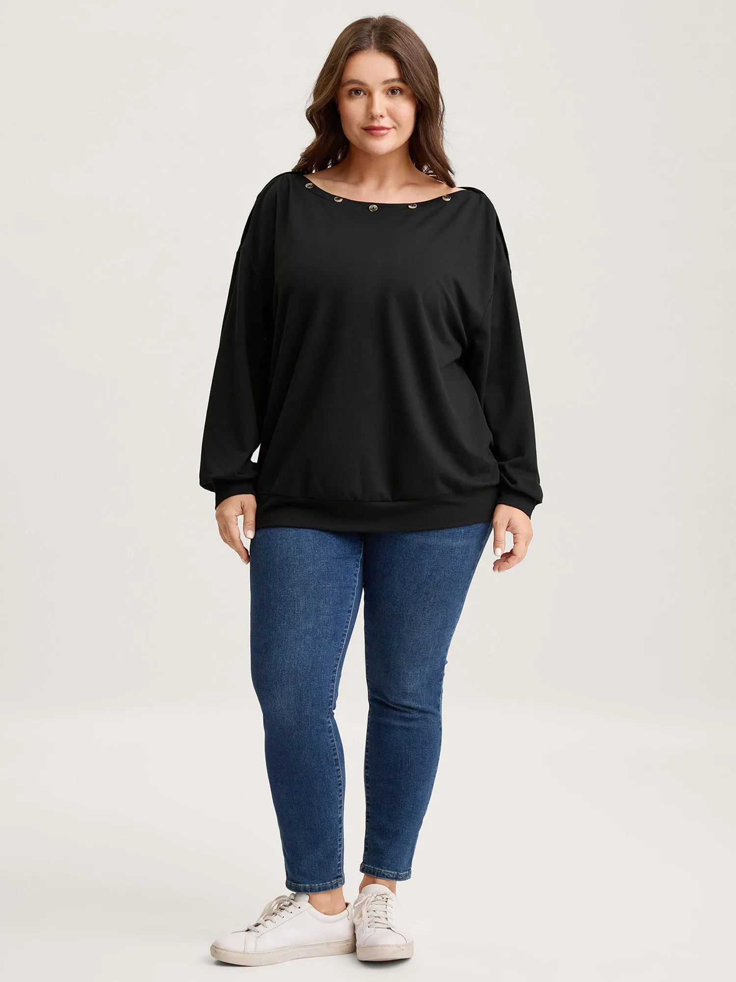 Reversible Off-Shoulder Button Neck Sweatshirt sold by Bloomchic product image thumbnail 3