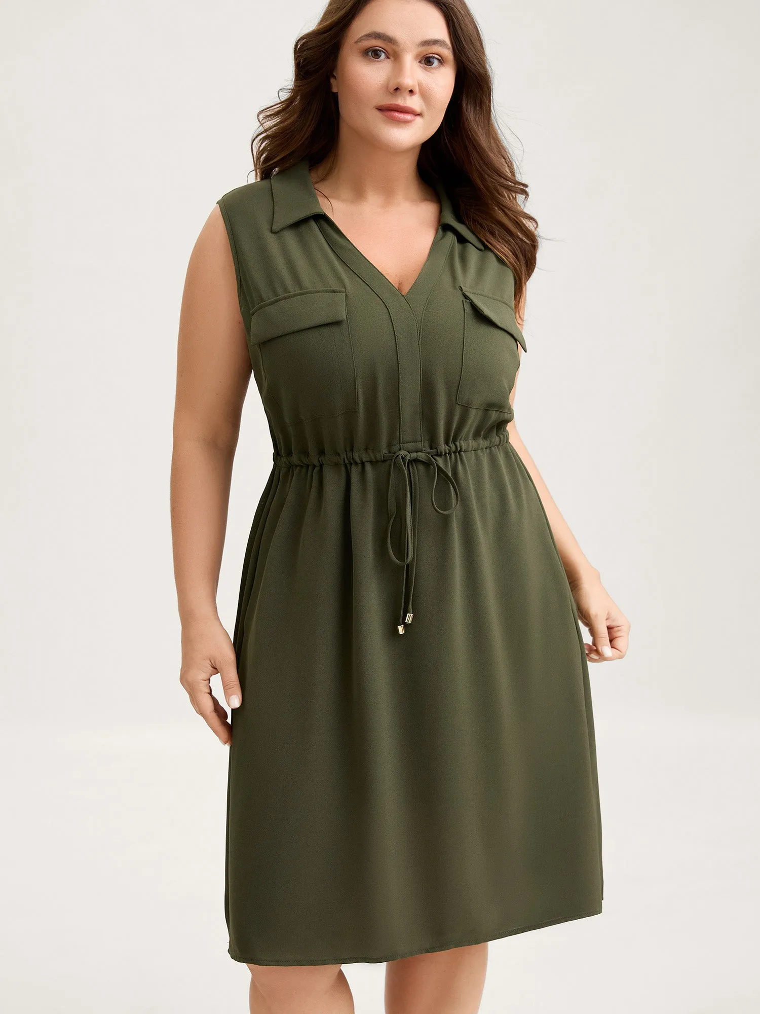 Waist Drawstring Pockets Solid Midi Dress sold by Bloomchic