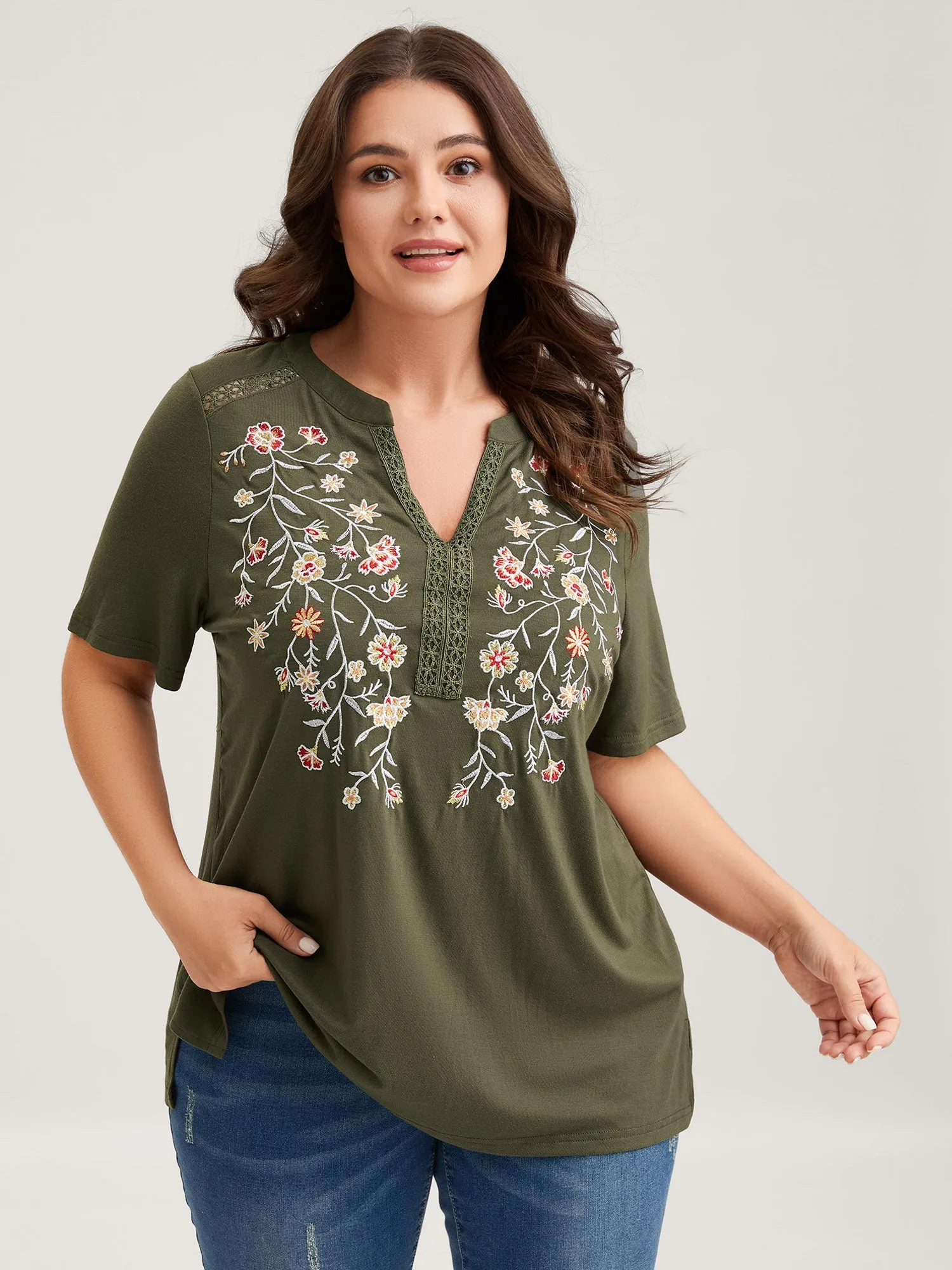 Floral Embroidery Lace Trim T-Shirt sold by Bloomchic