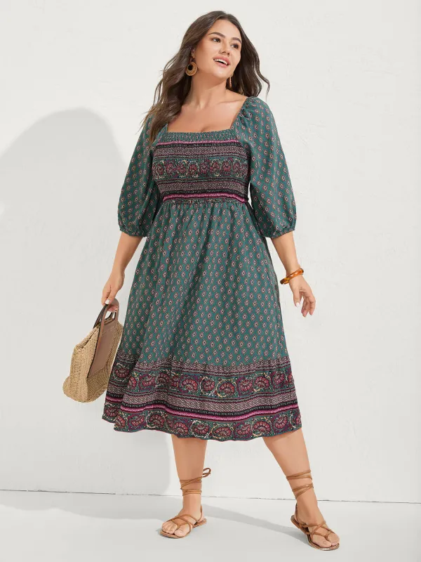 Paisley Print Shirred Bodice Midi Dress sold by Bloomchic