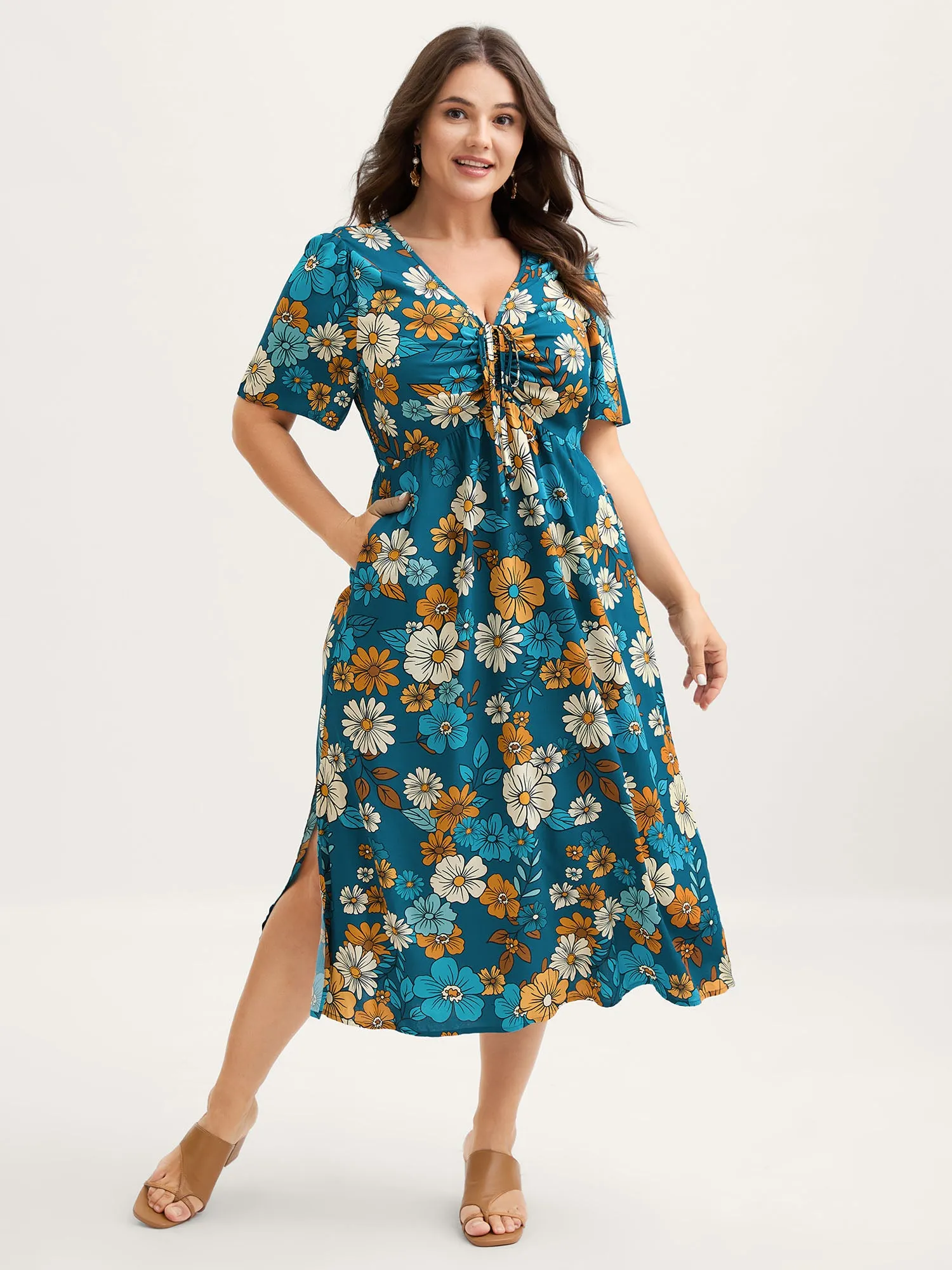 Floral Drawstring Bodice Side Slit Midi Dress sold by Bloomchic product image thumbnail 2