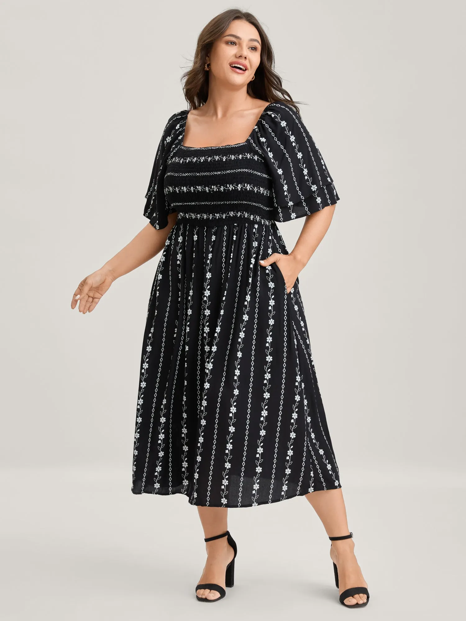Floral Stripes Layered Ruffle Sleeve Midi Dress sold by Bloomchic product image thumbnail 3