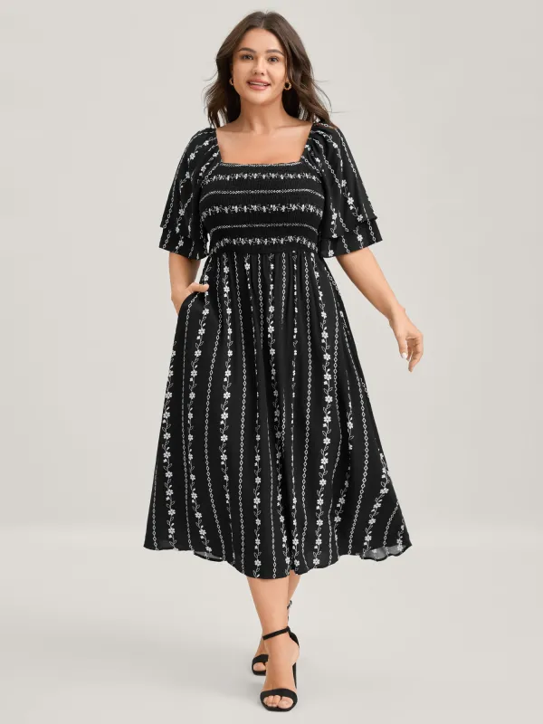 Floral Stripes Layered Ruffle Sleeve Midi Dress sold by Bloomchic