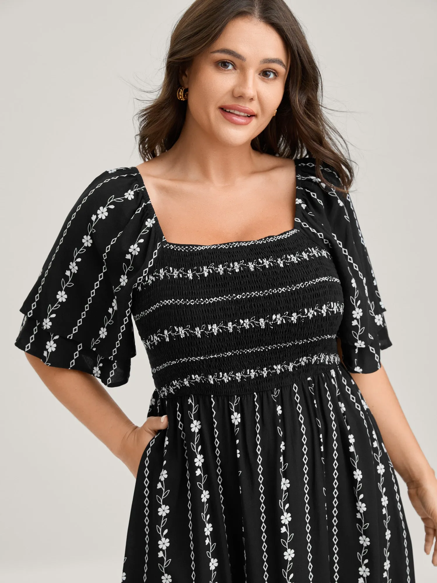 Floral Stripes Layered Ruffle Sleeve Midi Dress sold by Bloomchic product image thumbnail 2