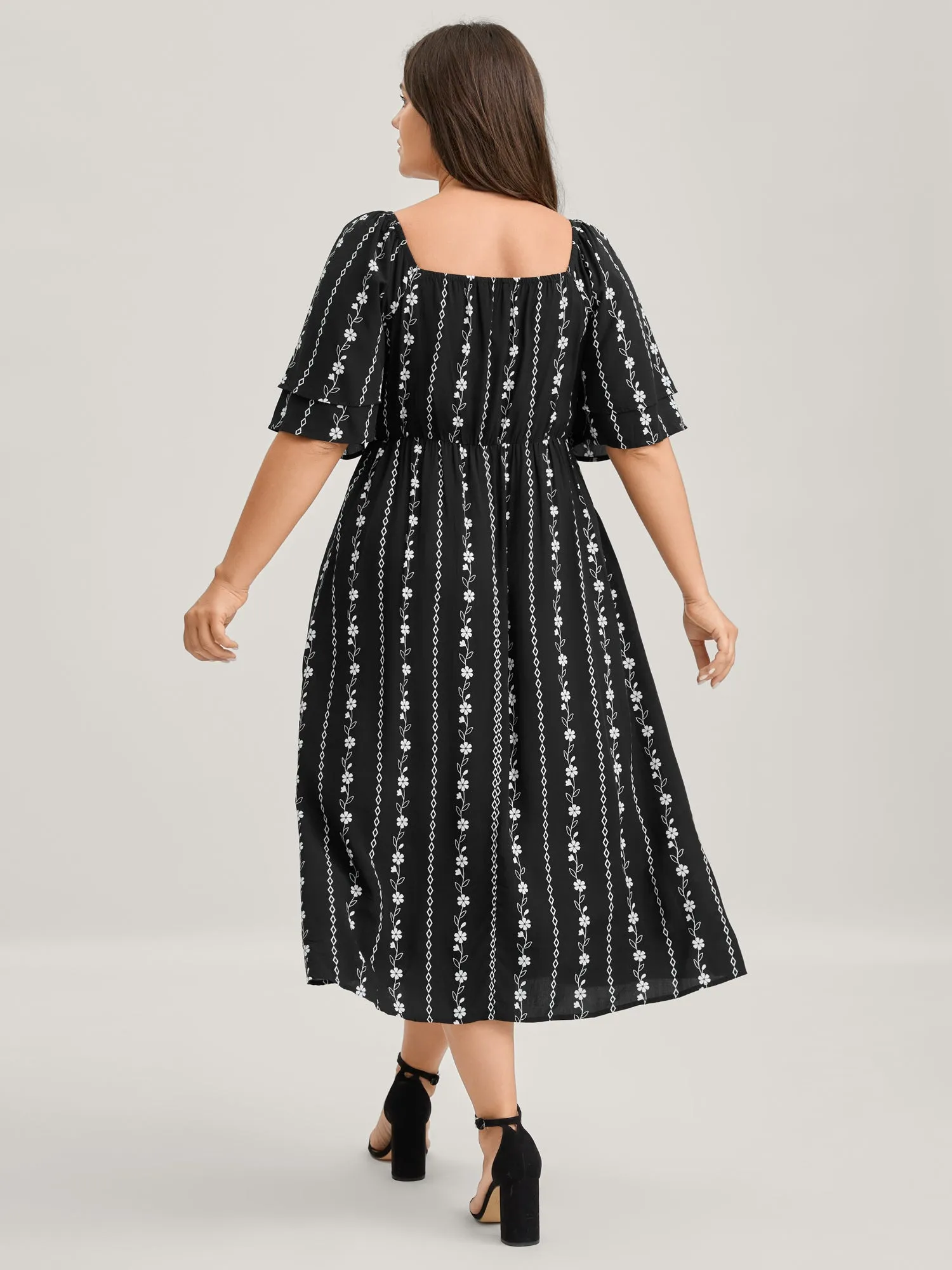 Floral Stripes Layered Ruffle Sleeve Midi Dress sold by Bloomchic product image thumbnail 4
