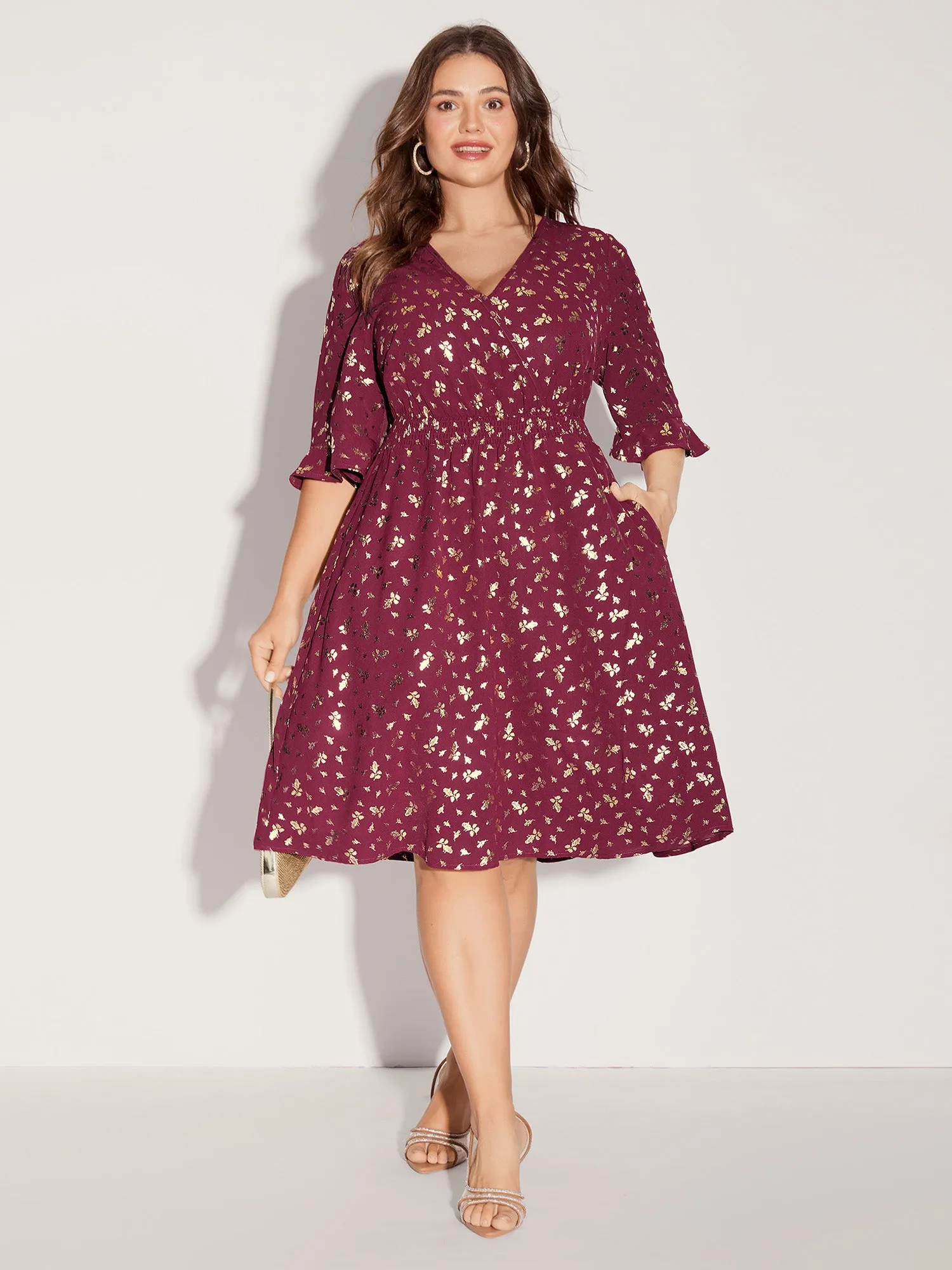 Gold-Foil Shimmery Shirred-Waist Midi Dress sold by Bloomchic product image thumbnail 3