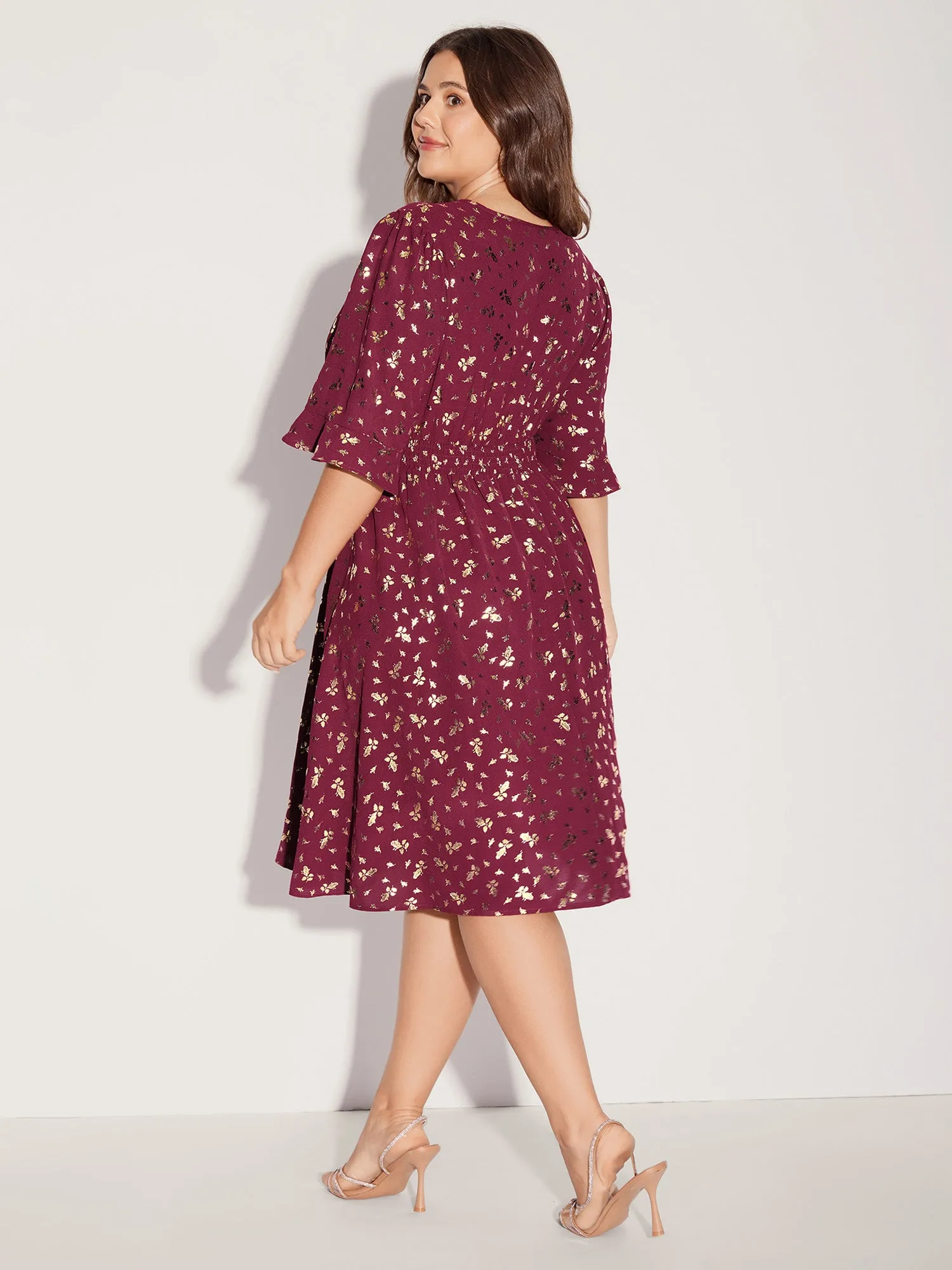 Gold-Foil Shimmery Shirred-Waist Midi Dress sold by Bloomchic product image thumbnail 4