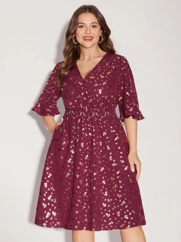 Gold-Foil Shimmery Shirred-Waist Midi Dress sold by Bloomchic