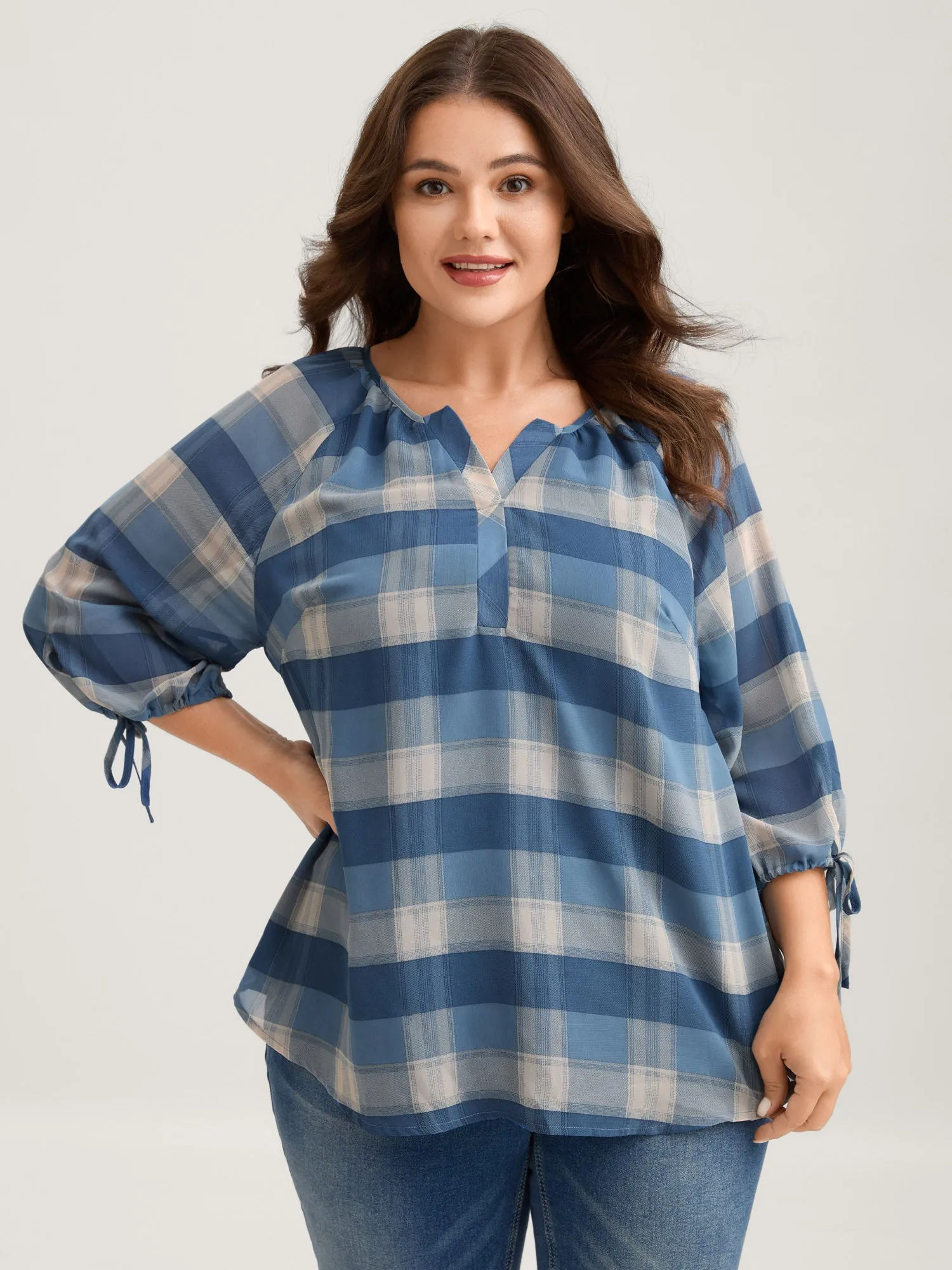 Plaid Print Notched Collar Blouse sold by Bloomchic