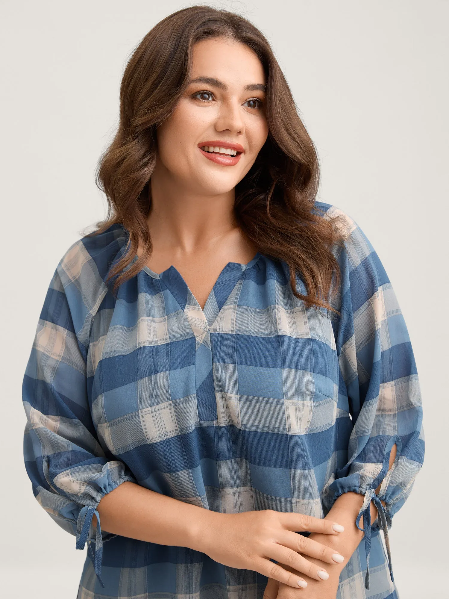 Plaid Print Notched Collar Blouse sold by Bloomchic product image thumbnail 2