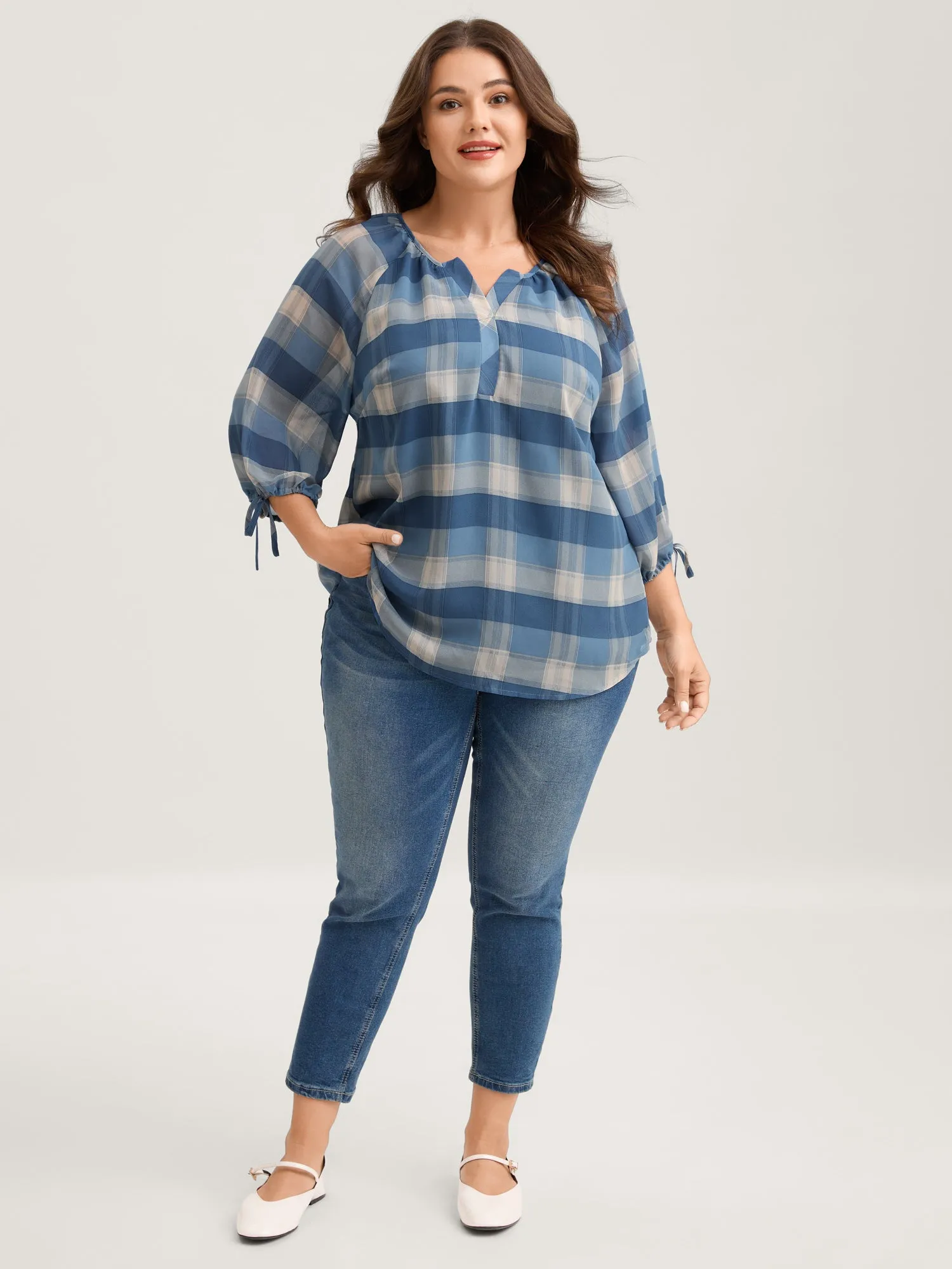 Plaid Print Notched Collar Blouse sold by Bloomchic product image thumbnail 3