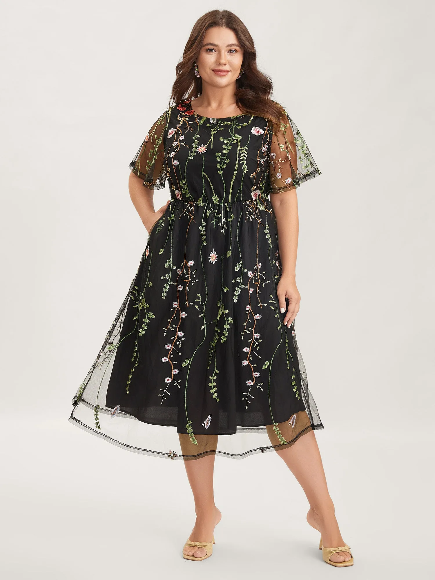 Plant Embroidery Sheer Cinched-Waist Midi Dress sold by Bloomchic