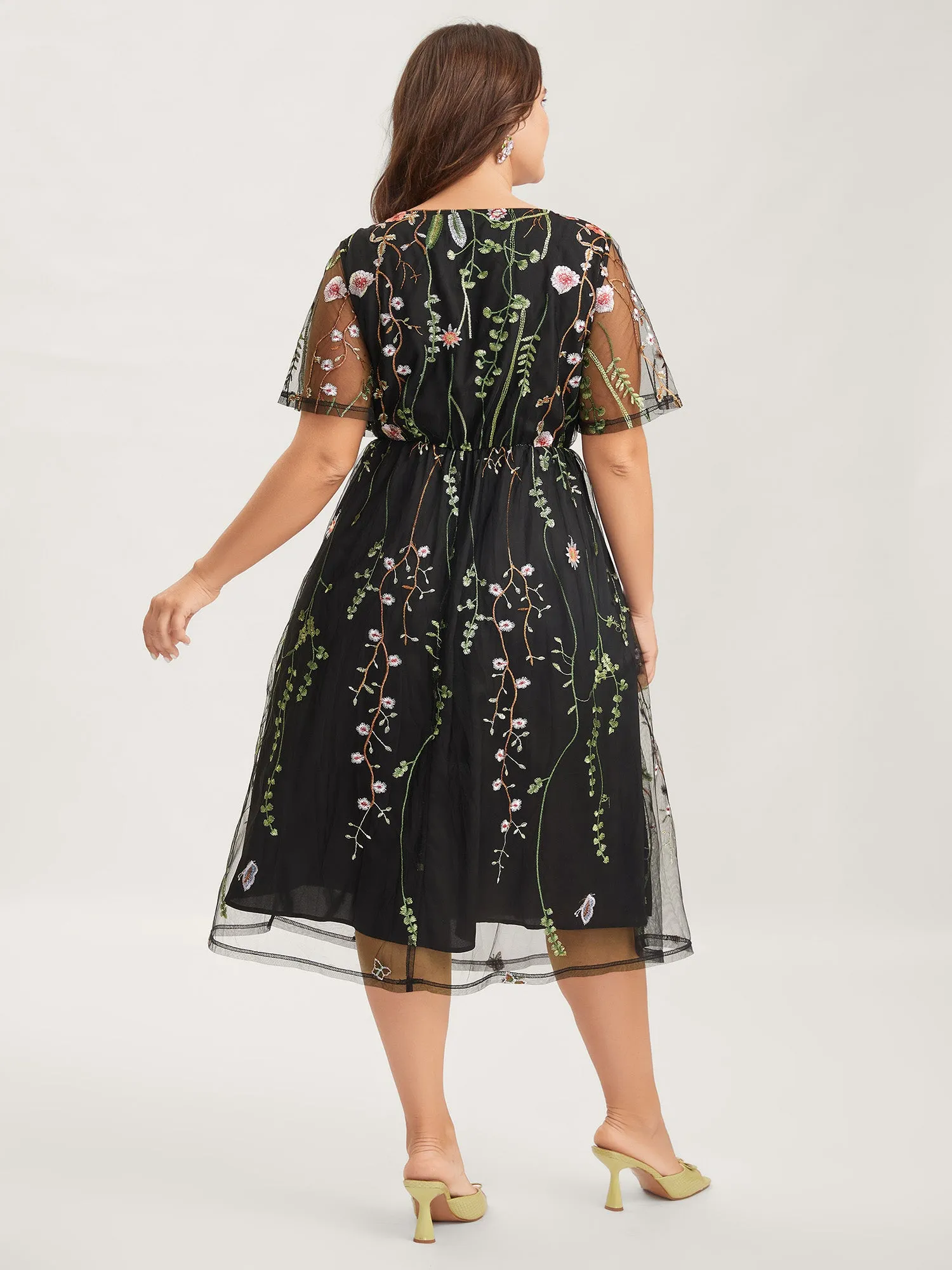Plant Embroidery Sheer Cinched-Waist Midi Dress sold by Bloomchic product image thumbnail 4