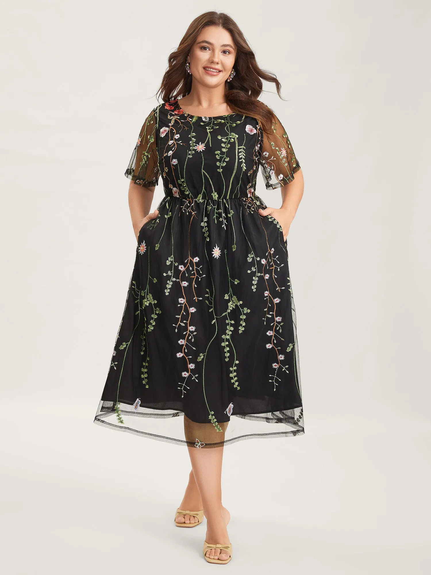 Plant Embroidery Sheer Cinched-Waist Midi Dress sold by Bloomchic product image thumbnail 3
