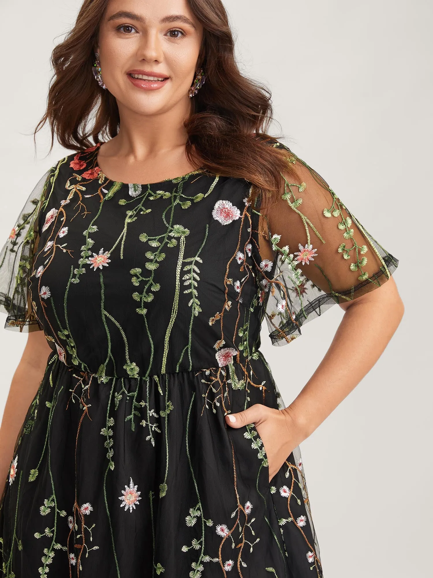 Plant Embroidery Sheer Cinched-Waist Midi Dress sold by Bloomchic product image thumbnail 2