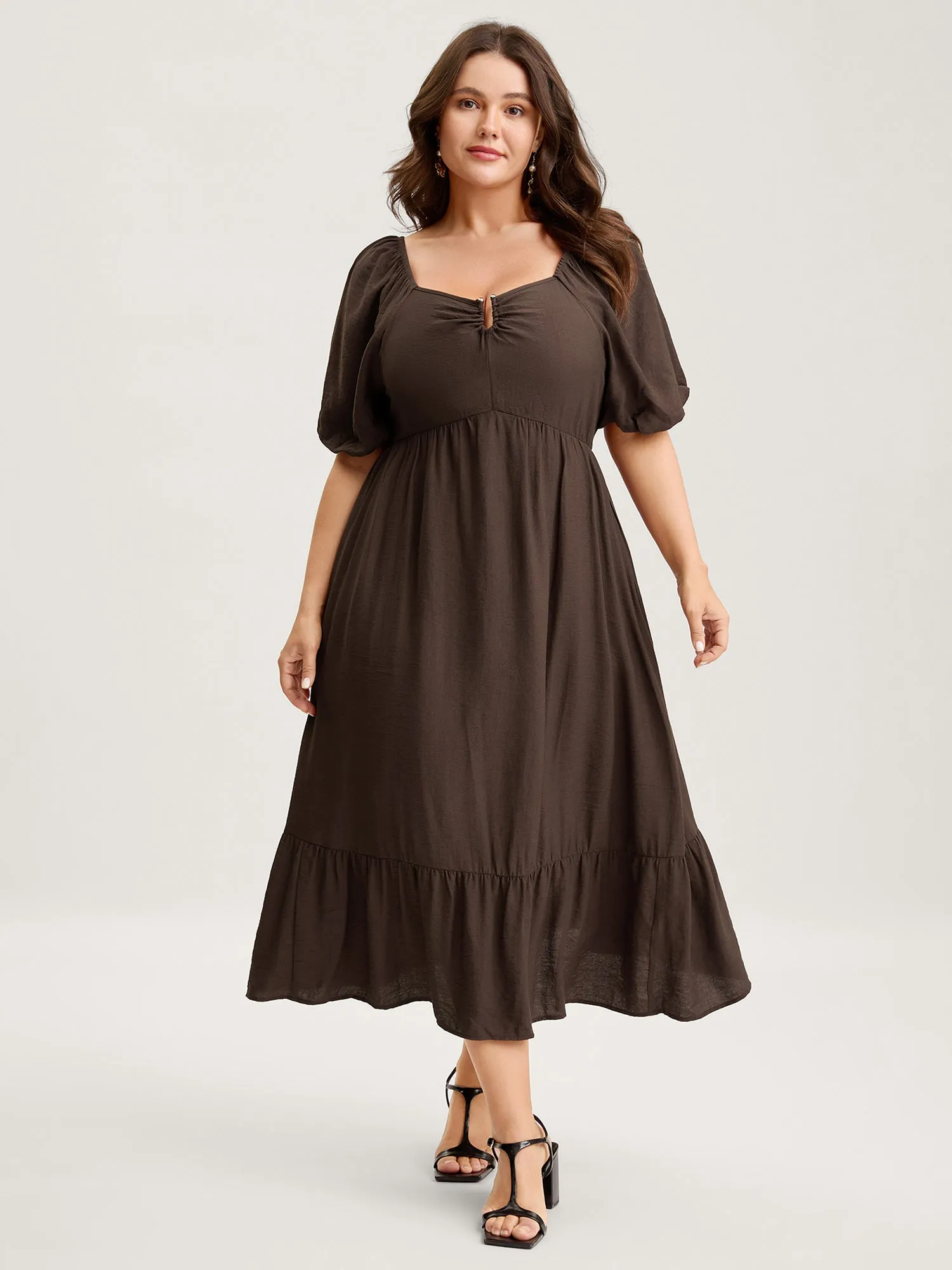 Sweetheart U-Buckle Pockets Tiered Midi Dress sold by Bloomchic