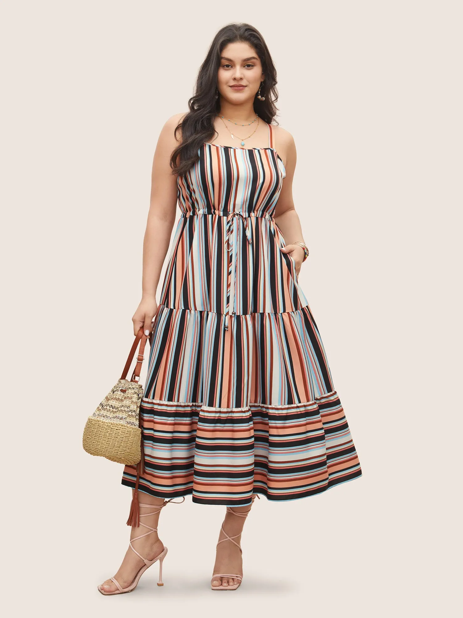 Color Striped Drawstring Ruffle Hem Dress sold by Bloomchic